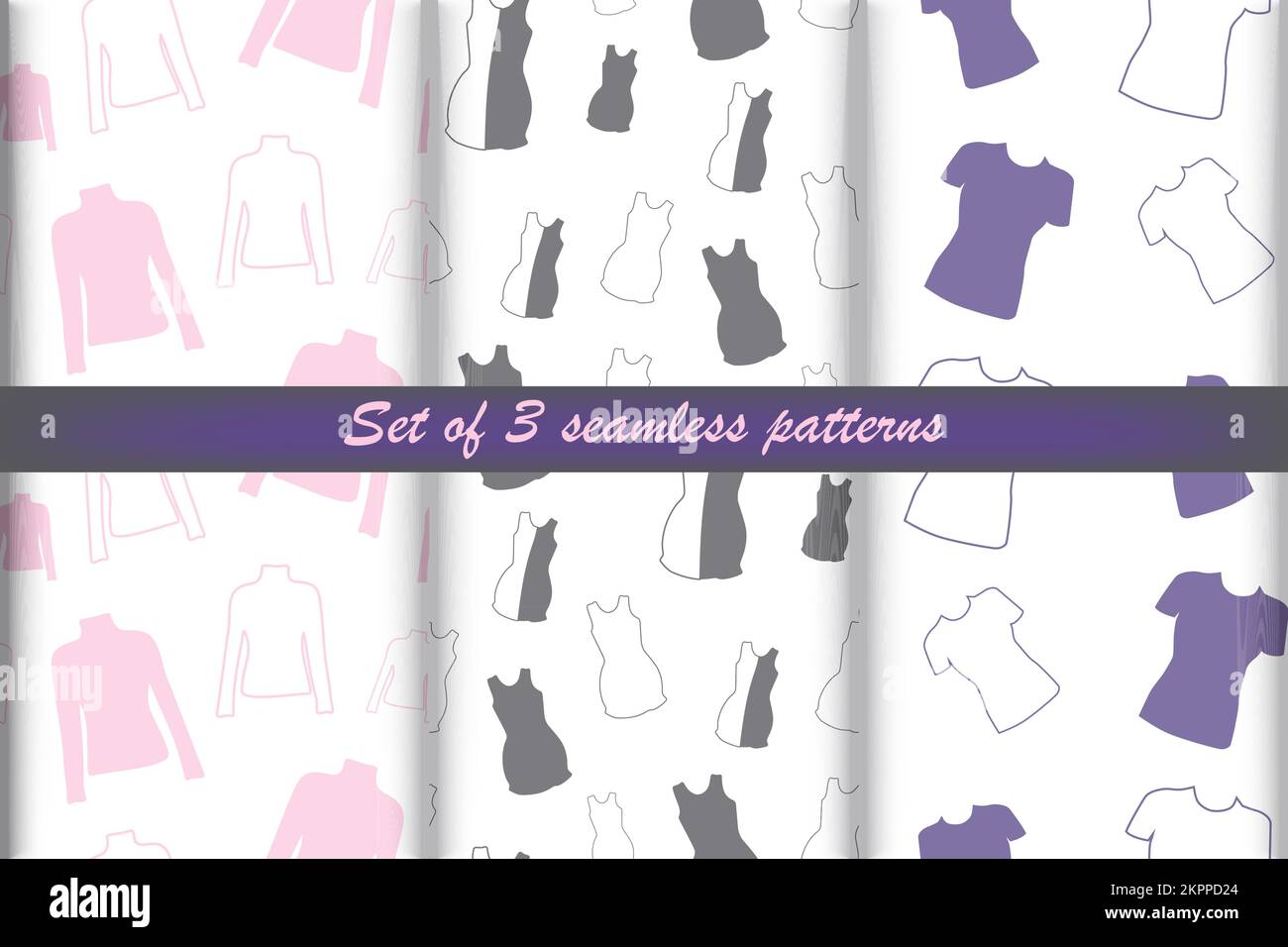 Set di 3 infiniti motivi di abbigliamento dal profilo lungo, manica corta camicia e vestito in tonalità alla moda. Trama ripetuta. Stampa. Layout per carta da imballaggio, poster, cartoline, biglietti d'auguri o etichette dei prezzi, striscioni Illustrazione Vettoriale