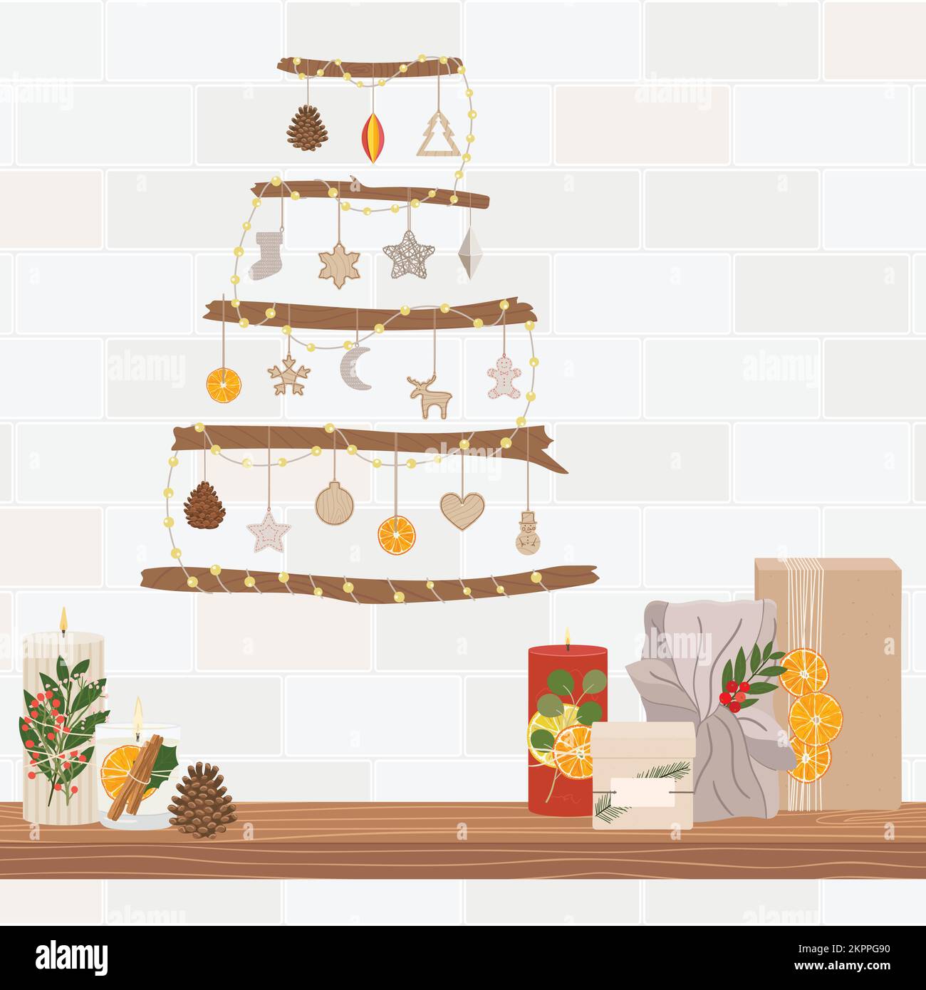 Scatole regalo di Natale e candele sullo scaffale, Natale alternativa bastoni albero sulla parete. Buon banner di Natale, poster, invito. Un regalo ecologico a zero rifiuti Illustrazione Vettoriale