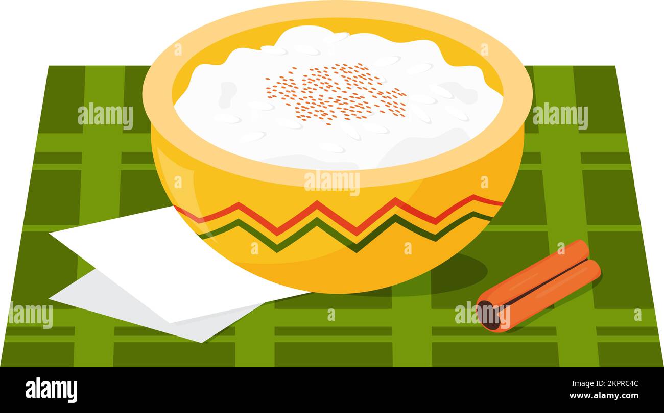 Arroz con lesse tradizionale. Tradizionale ricetta messicana per la colazione e lo spuntino con budino di riso al latte. Illustrazione vettoriale della natia latinoamericana Illustrazione Vettoriale