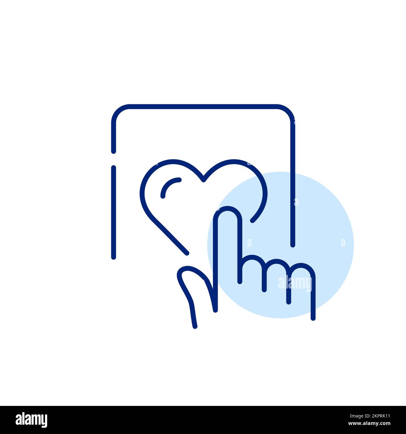 Toccare con il dito il simbolo del cuore su un tablet. Reazione positiva ai social media. Icona della linea di tratto modificabile pixel Perfect Illustrazione Vettoriale