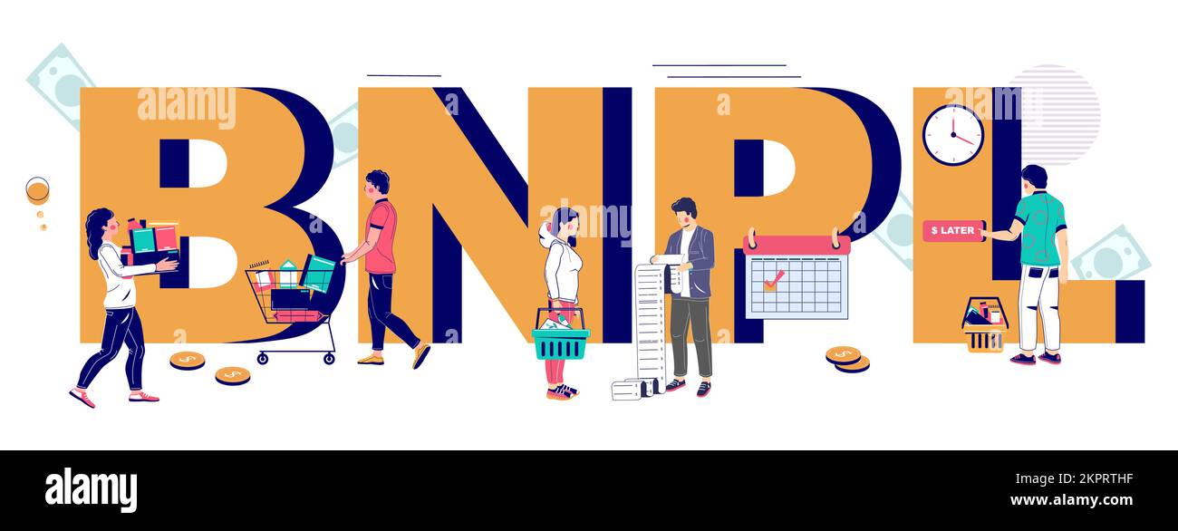 Acquista ora pagare più tardi BNPL vettore di shopping online Illustrazione Vettoriale
