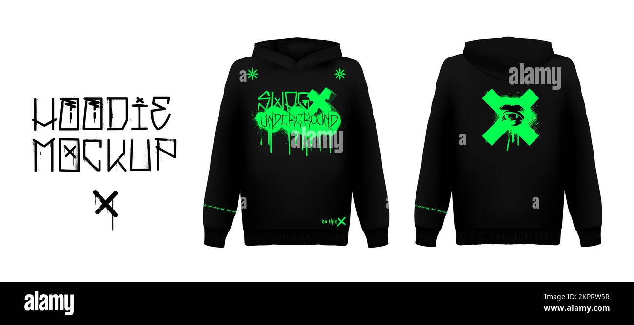 Felpa con cappuccio alla moda con stampa acidata e scritte graffiti e grunge Illustrazione Vettoriale