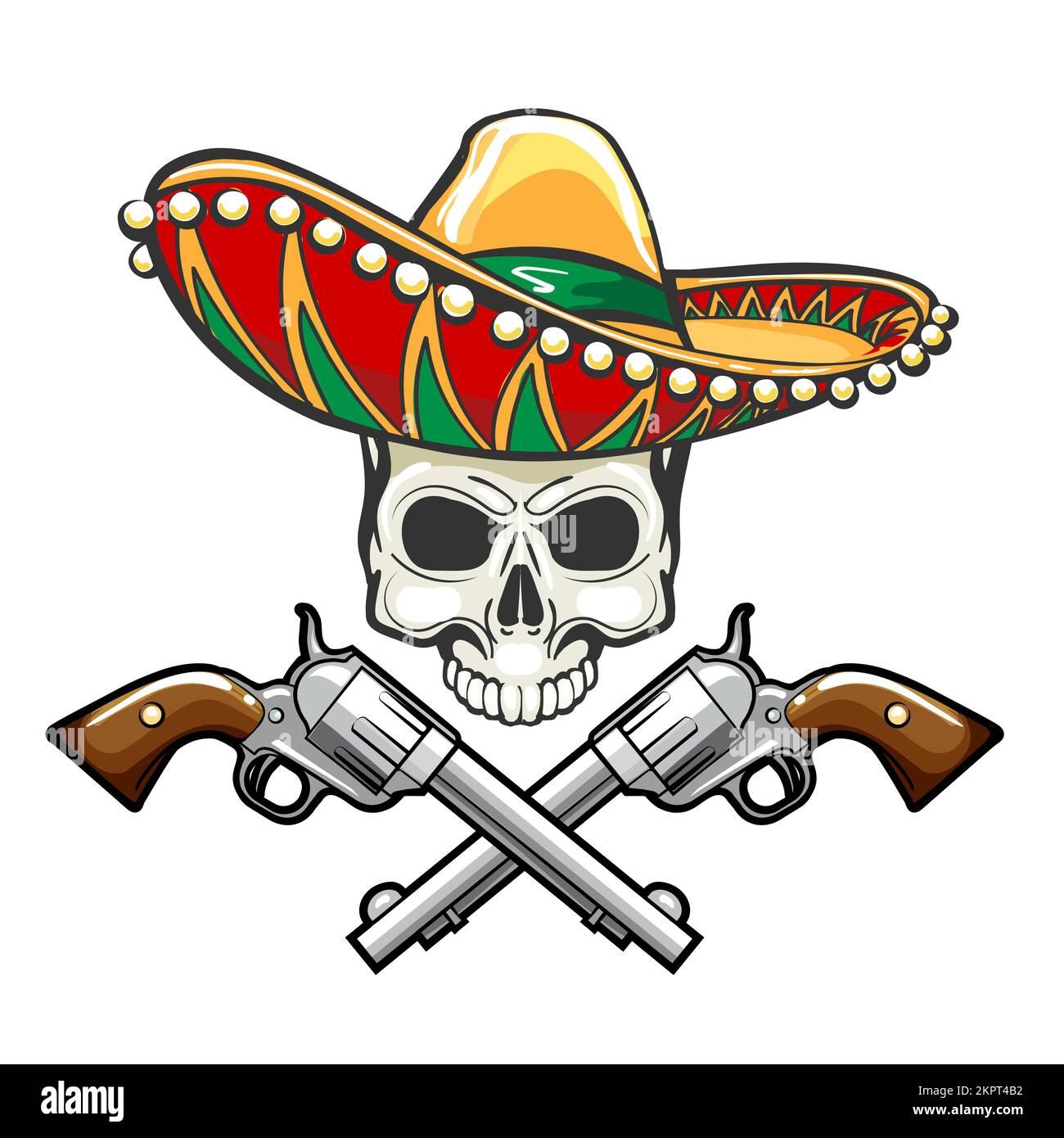 Tatuaggio del cranio a Sombrero e due Guns isolati su bianco. Illustrazione vettoriale. Illustrazione Vettoriale