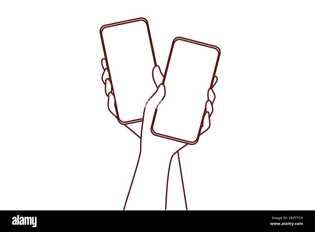 Primo piano delle mani di coppia che tengono i telefoni cellulari con schermi mockup che testano in linea sui gadget. Uomo e donna con smartphone e comunicazione via Internet. Illustrazione vettoriale. Illustrazione Vettoriale