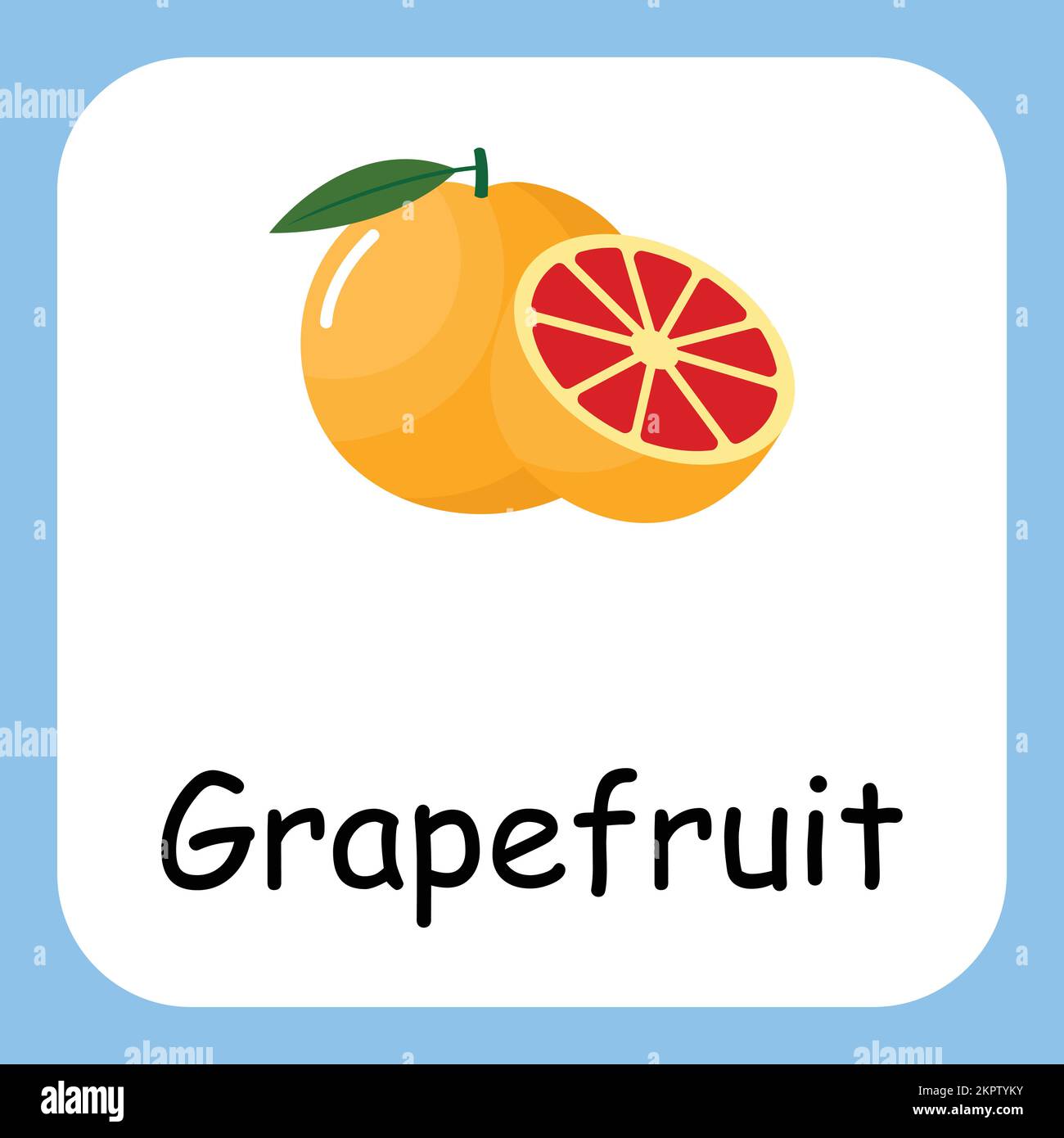 Grappefruit clip art con testo, design piatto. Educazione per i bambini. Illustrazione vettoriale Illustrazione Vettoriale