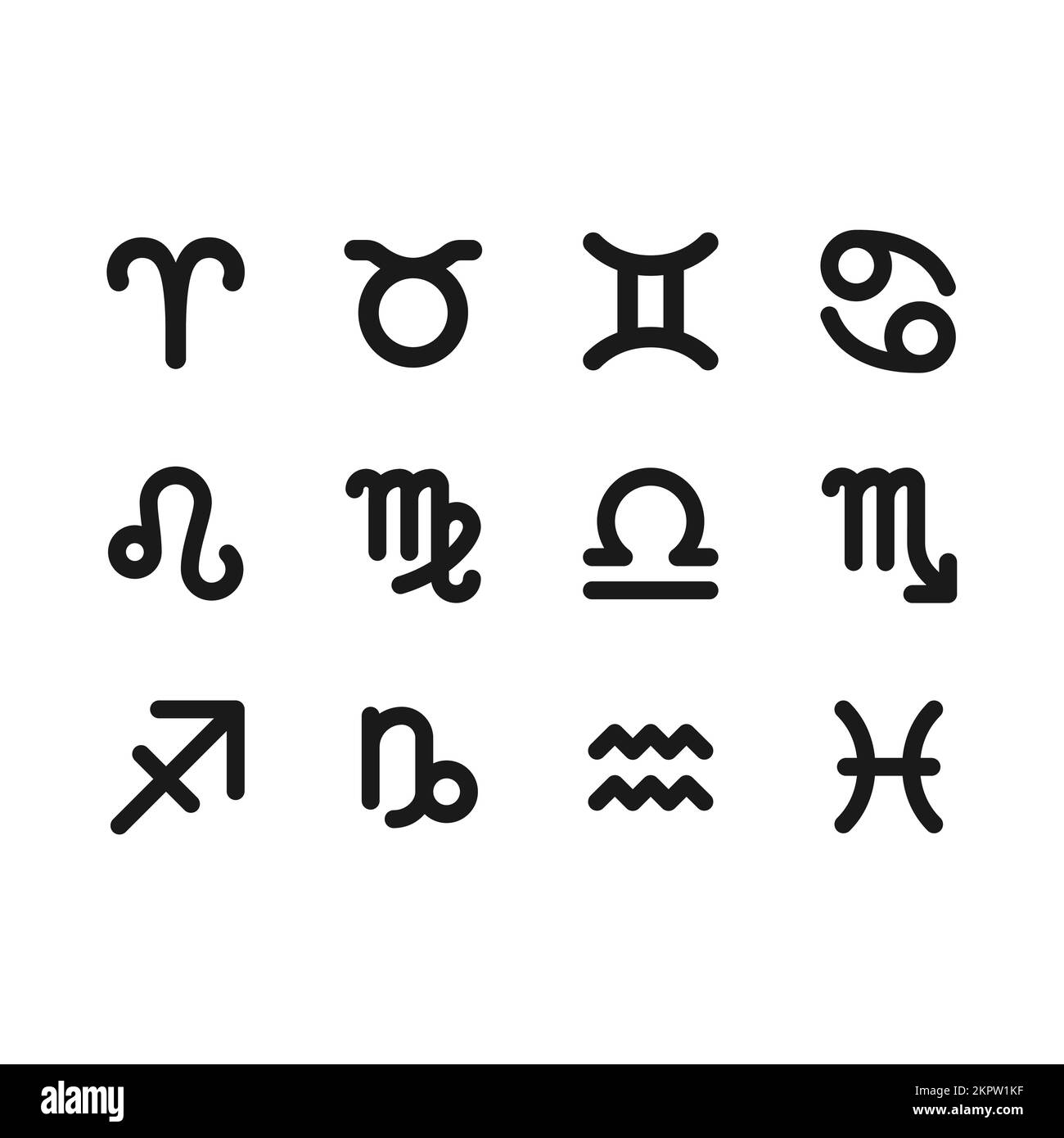 Dodici segni zodiacali di astrologia occidentale icone glifo nero impostato su spazio bianco Illustrazione Vettoriale