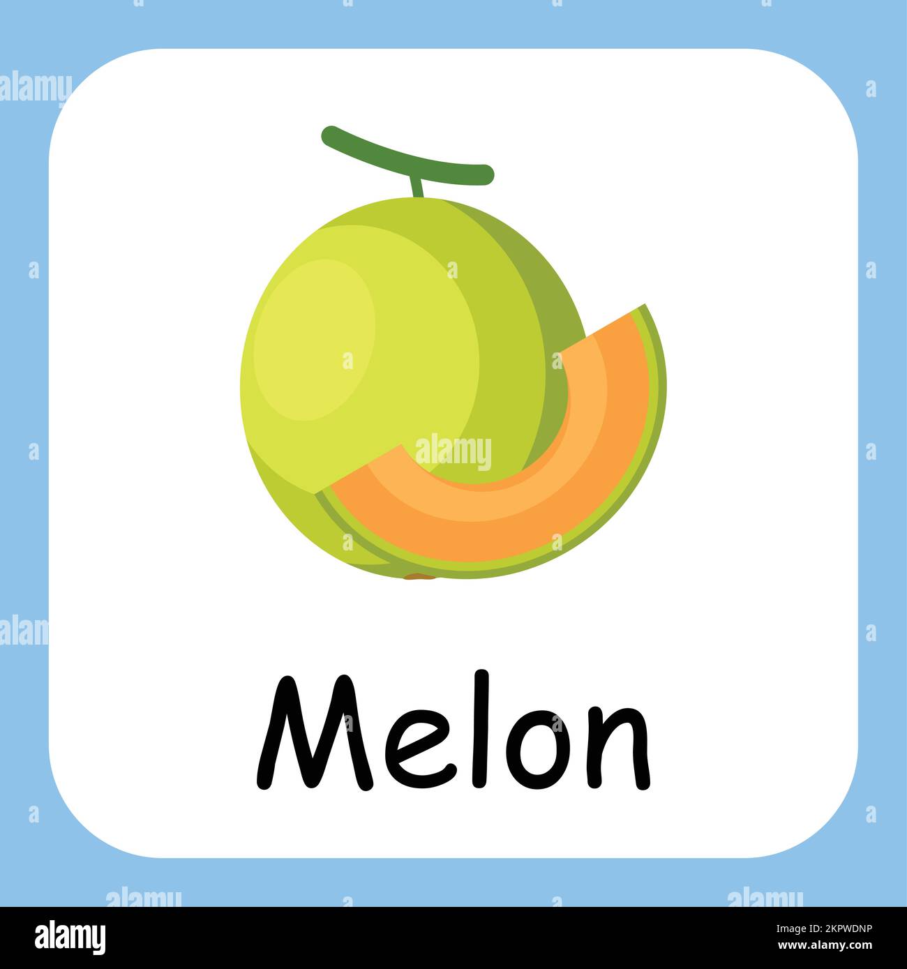 Melone clip art con testo, design piatto. Educazione per i bambini. Illustrazione vettoriale Illustrazione Vettoriale