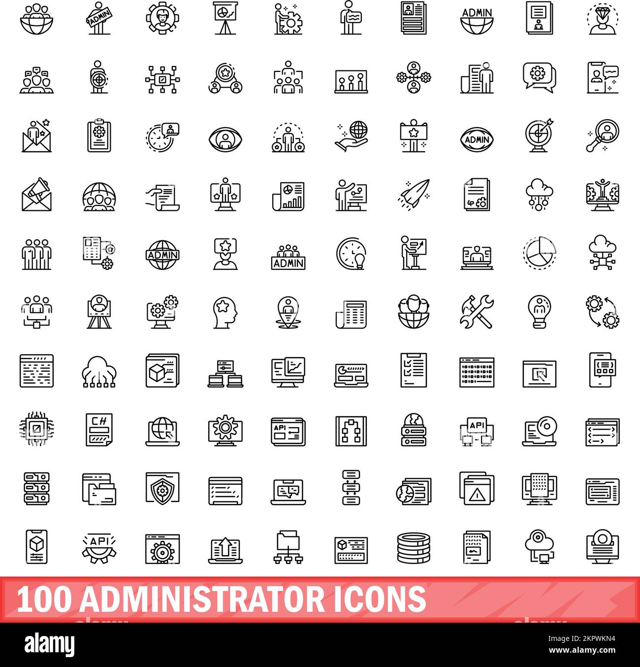 100 icone dell'amministratore impostate. Illustrazione schematica del set vettoriale delle icone dell'amministratore 100 isolato su sfondo bianco Illustrazione Vettoriale