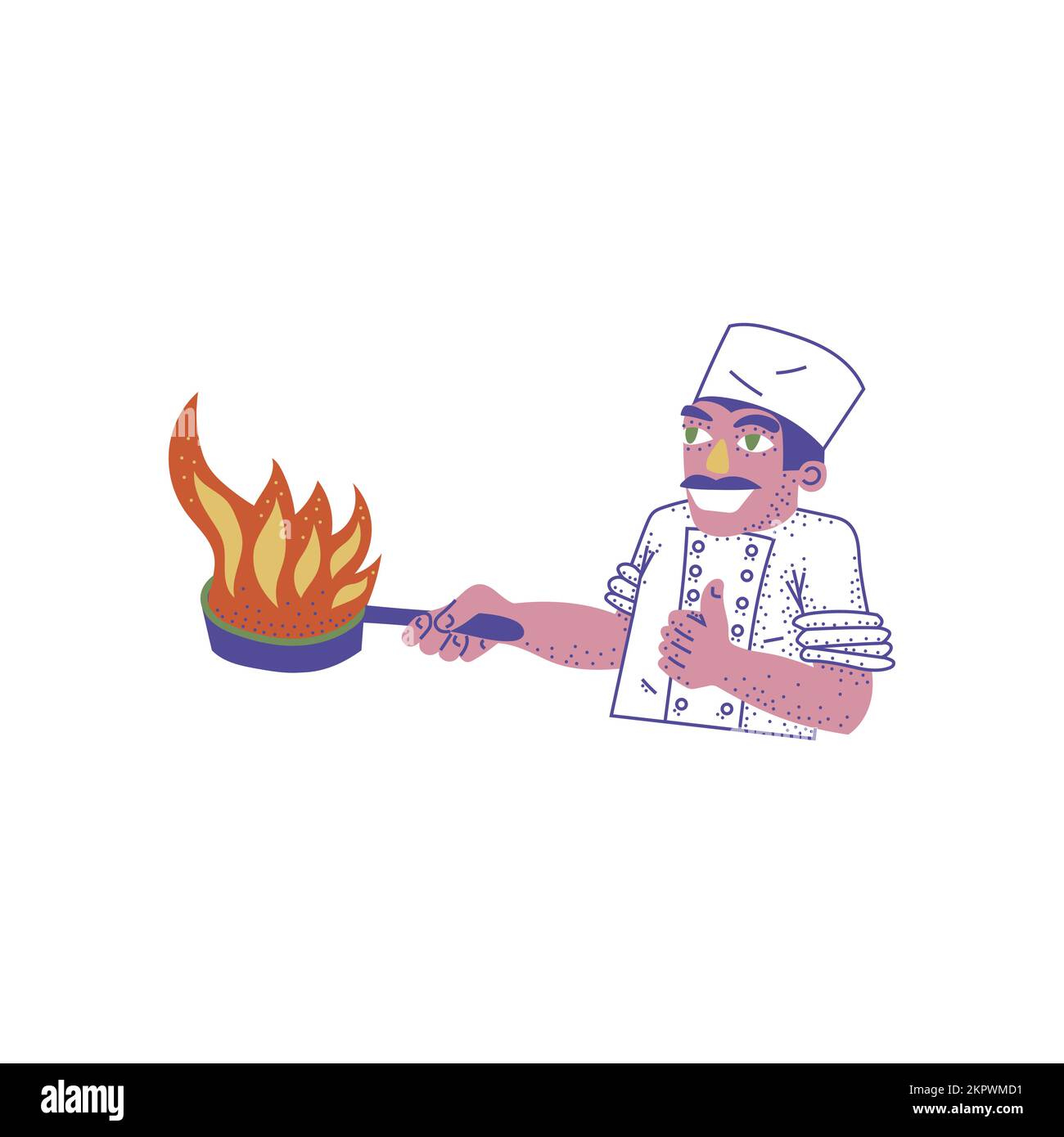 Cucina dell'uomo, tecnica del flambé in una padella. Illustrazione Vettoriale