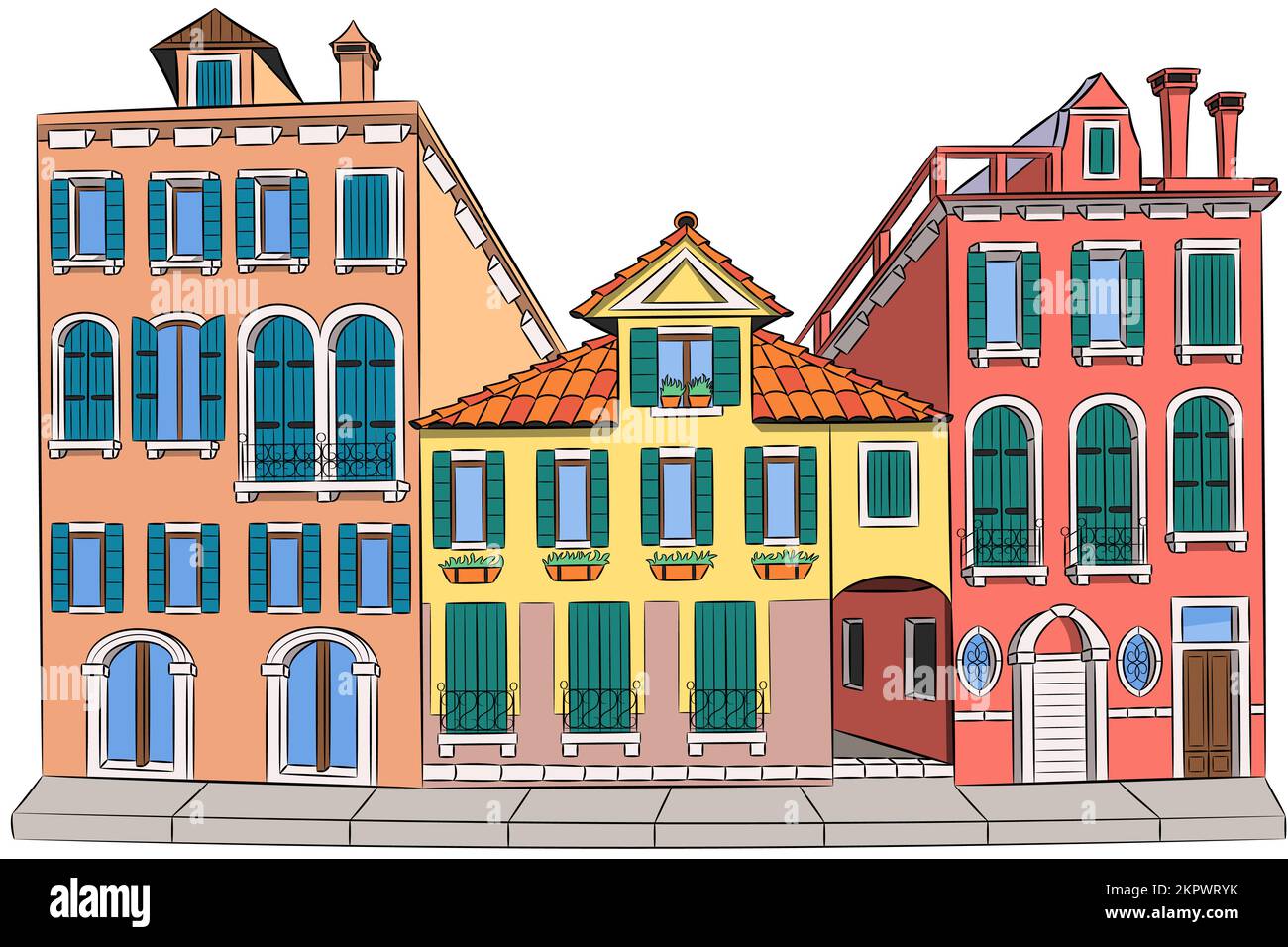 Facciate multicolore di vecchie case medievali tradizionali colorate isolate su sfondo bianco. Venezia. Italia. Illustrazione vettoriale. Illustrazione Vettoriale