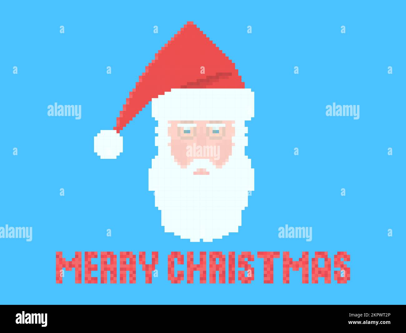 Babbo Natale in stile pixel art. Faccia pixelata di Babbo Natale in berretto stile retrò con grafica a 8 bit. Design natalizio per biglietti d'auguri, poster e. Illustrazione Vettoriale