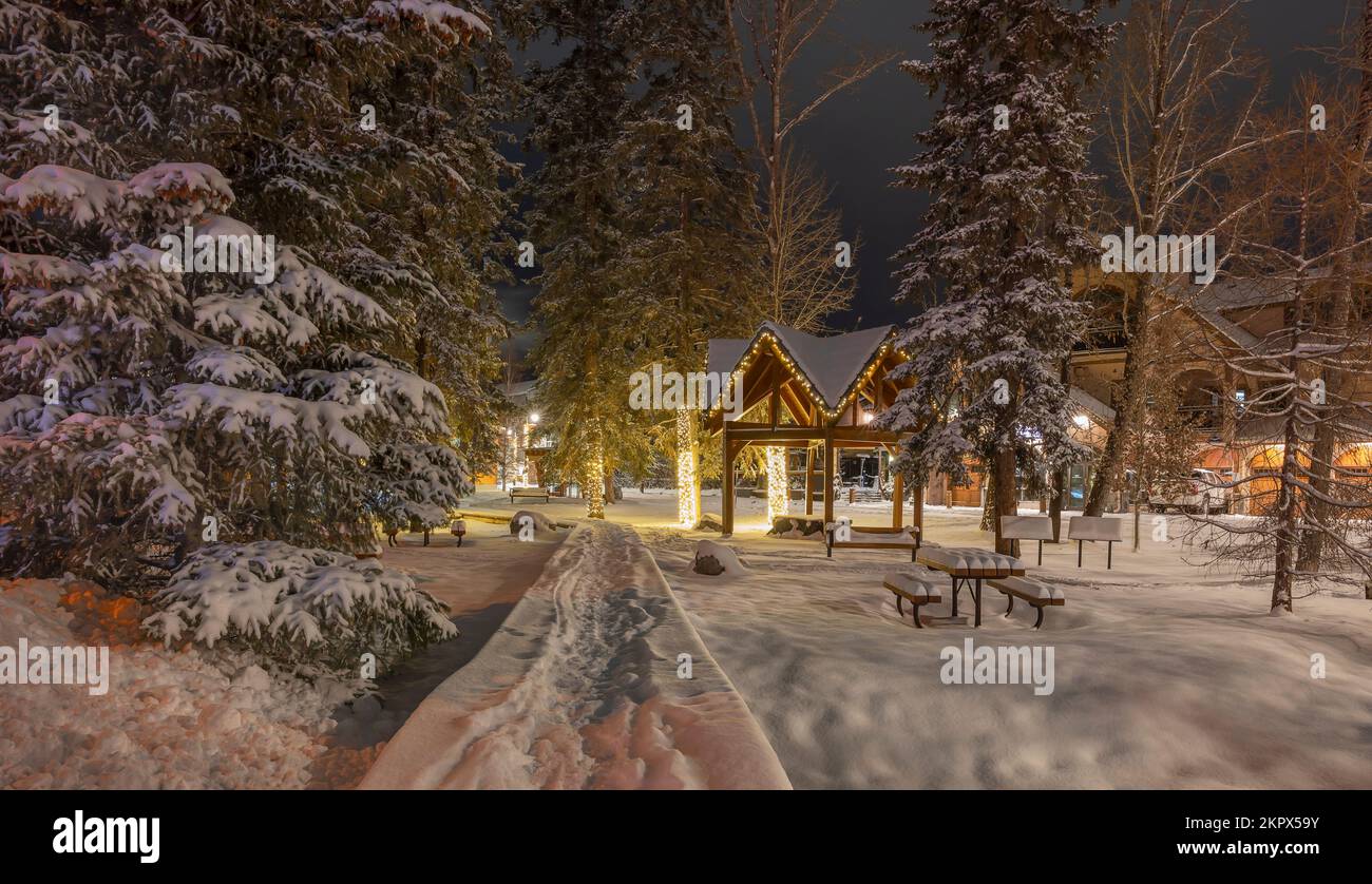 Passaggio coperto di neve attraverso un parco a Canmore, Alberta, Canada Foto Stock