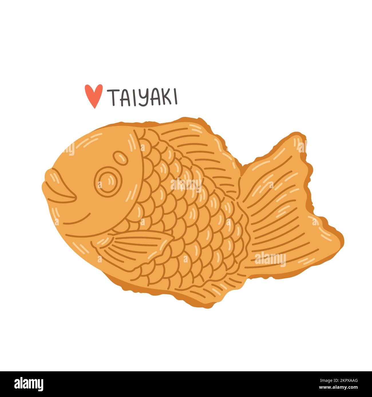 Panetteria giapponese Taiyaki. Torta a forma di pesce con ripieno di fagioli rossi. Cibo di strada giapponese. Illustrazione del vettore cartoon. Illustrazione Vettoriale