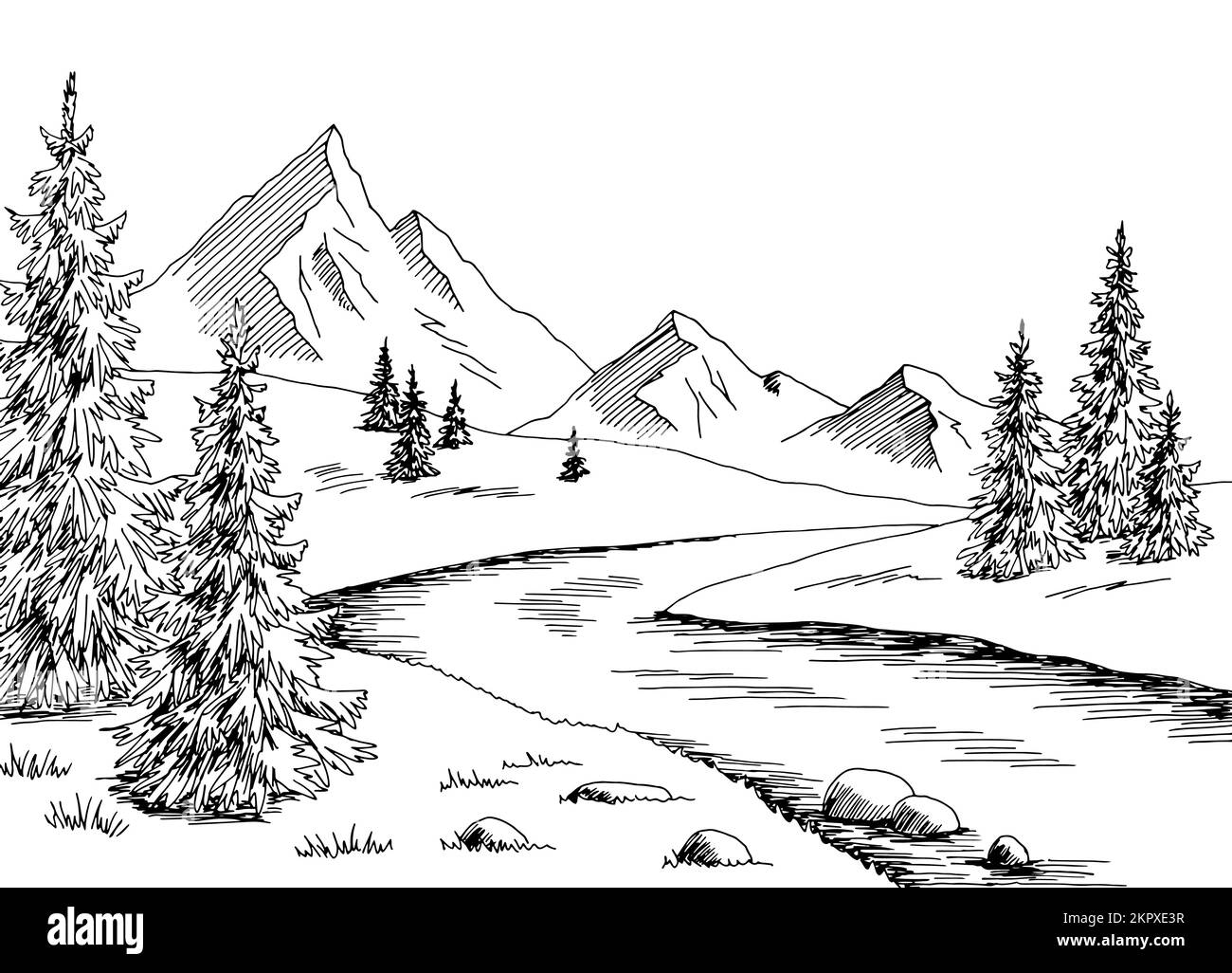 Mountain River grafica nero bianco disegno paesaggio vettore illustrazione Illustrazione Vettoriale