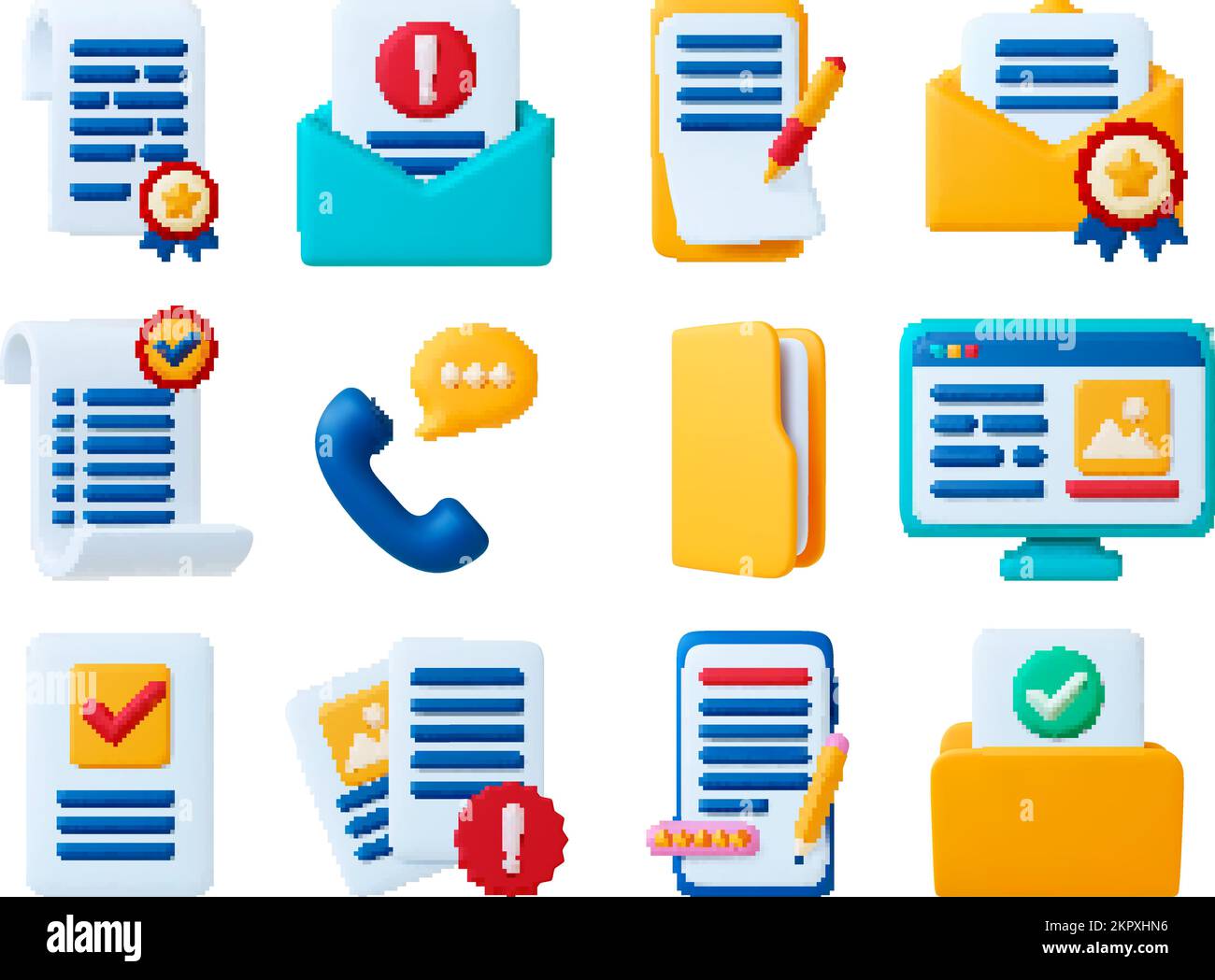 Elementi di sviluppo, monitoraggio, e-mail e checklist di Business 3D. Social media, fogli di ricevute per notebook. Pithy documenti in file e cartelle vettore 3D Illustrazione Vettoriale