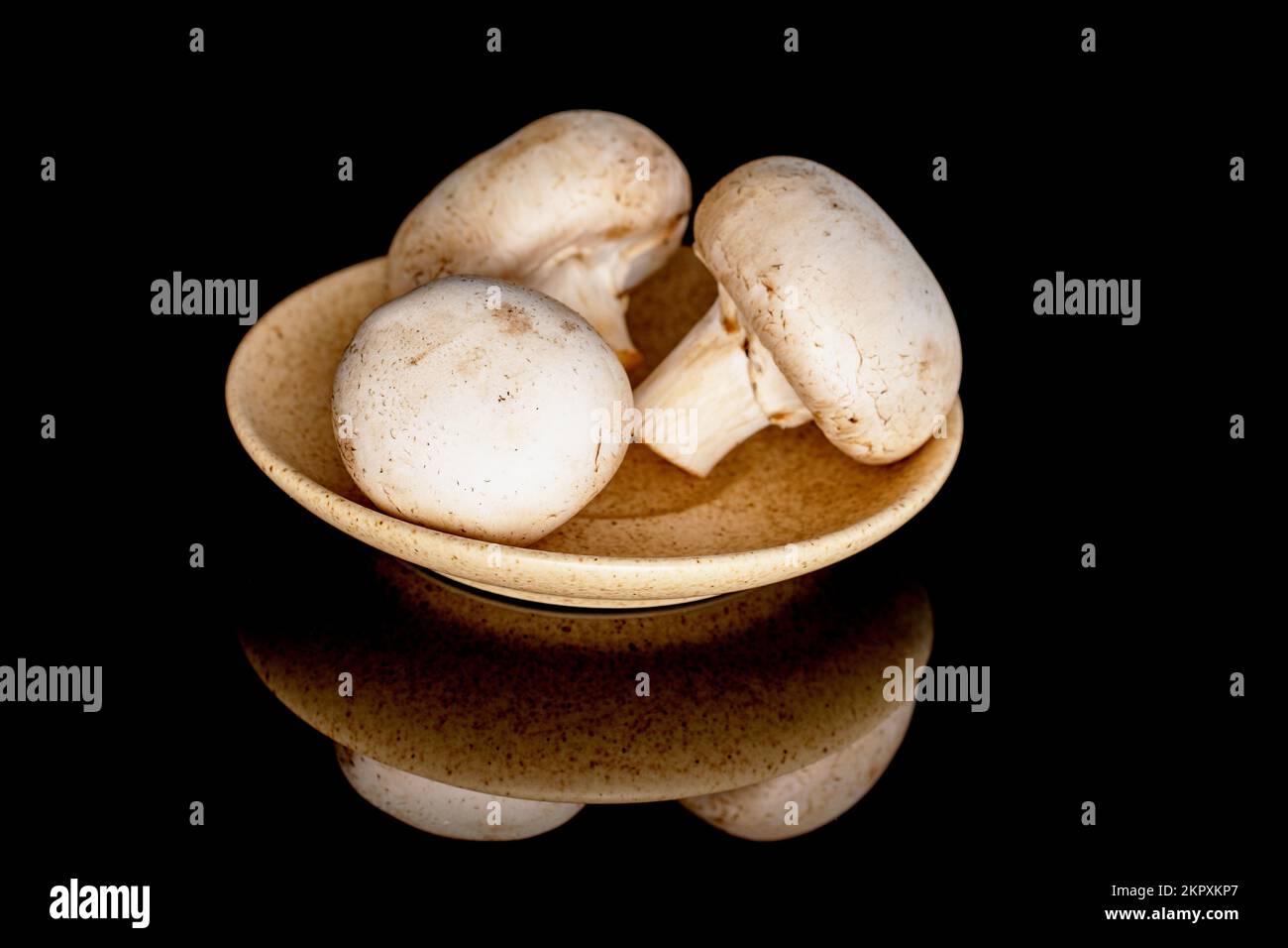 Tre funghi champignon freschi e biologici interi su un piatto di ceramica, primo piano, su fondo nero. Foto Stock