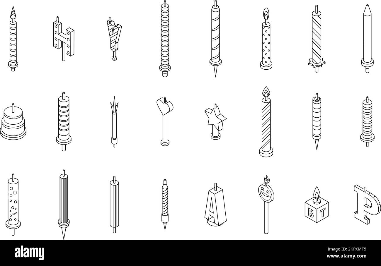 Set di icone candela di compleanno. Set isometrico di icone vettoriali candela di compleanno vettoriale contorno vettoriale su sfondo bianco Illustrazione Vettoriale