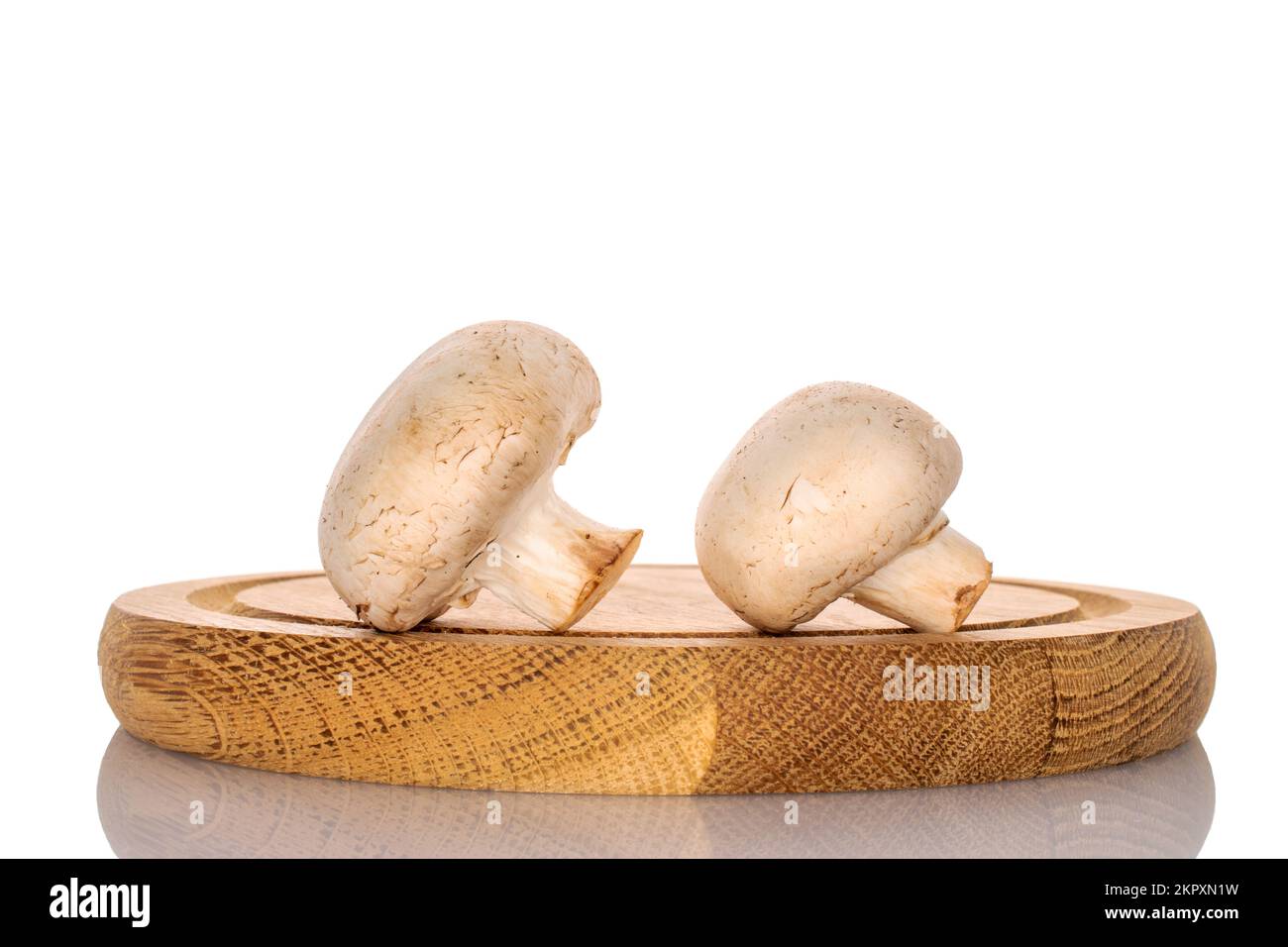 Due funghi champignon freschi e biologici su un vassoio rotondo di bambù, primo piano, su sfondo bianco. Foto Stock