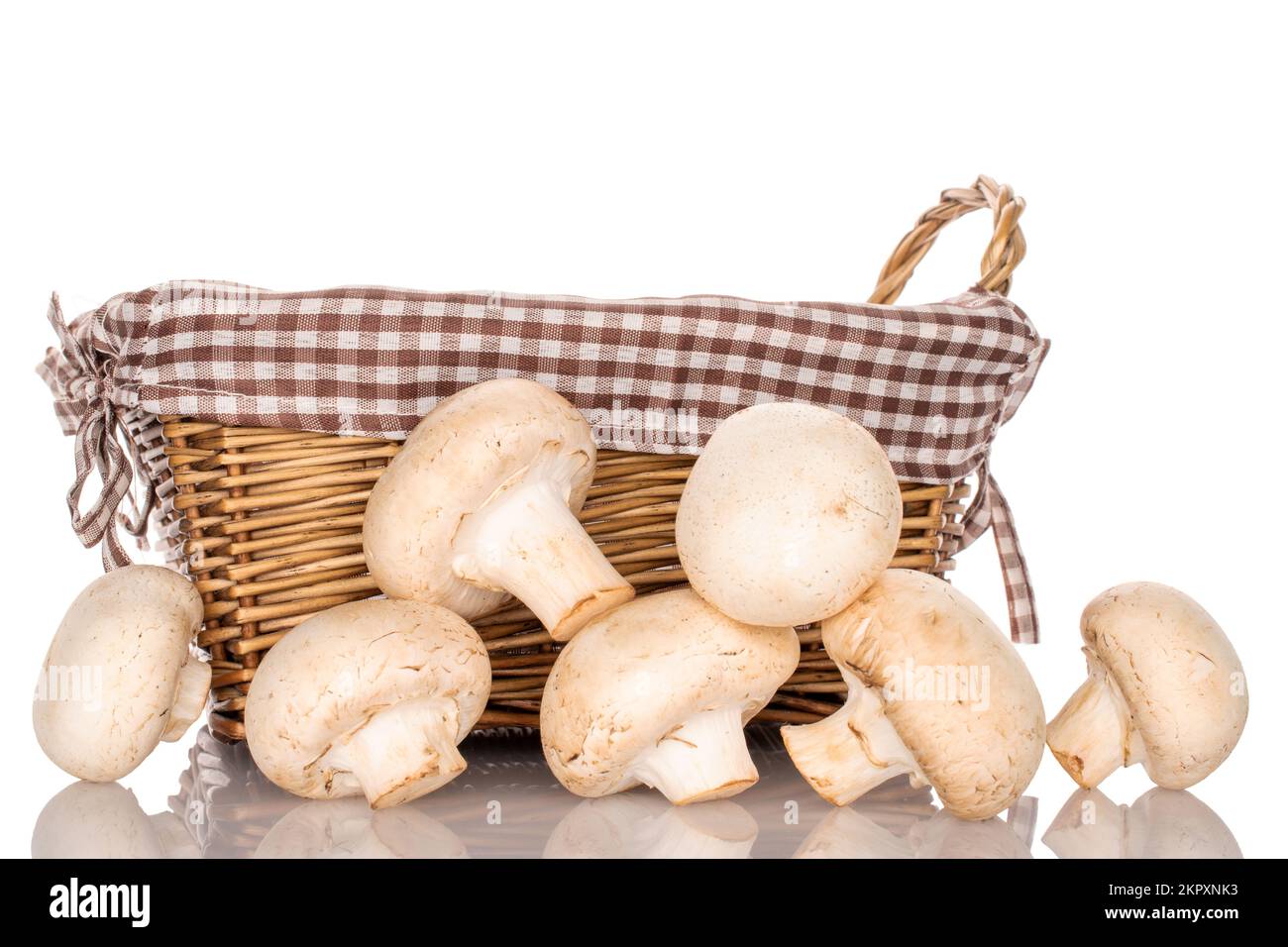 Diversi funghi champignon freschi e biologici con cesto di vimini, primo piano, su sfondo bianco. Foto Stock