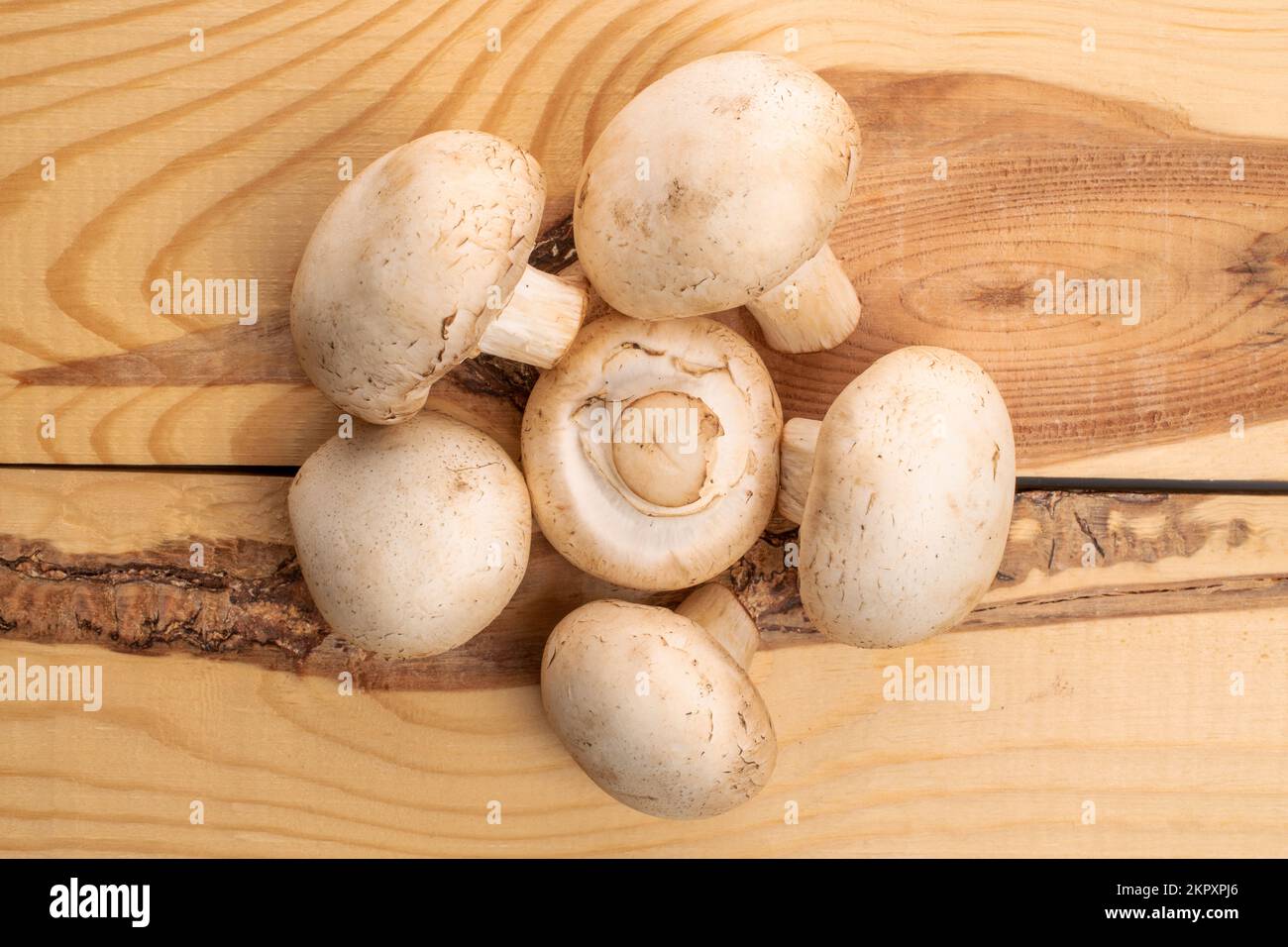 Diversi funghi champignon freschi e freschi, su un tavolo in legno naturale, vista dall'alto. Foto Stock