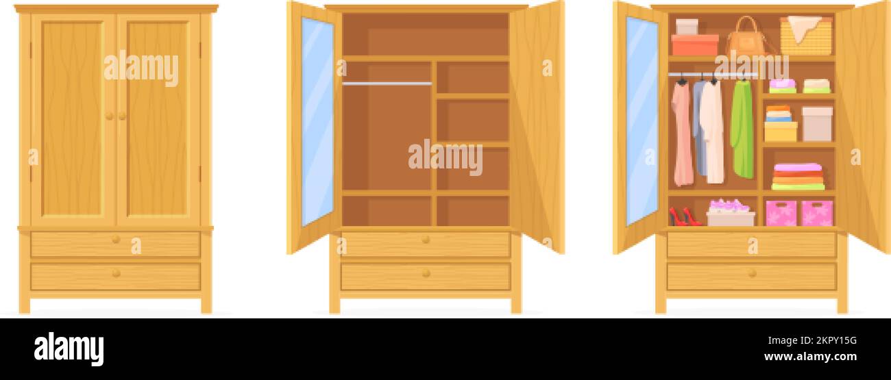 Armadio chiuso aperto. Armadietto di legno di vestito, armadio armadio a muro cartone animato all'interno con scaffale abiti organizzazione moda appendere rack accessori per indumenti, illustrazione vettoriale pulita di deposito di vestito Illustrazione Vettoriale