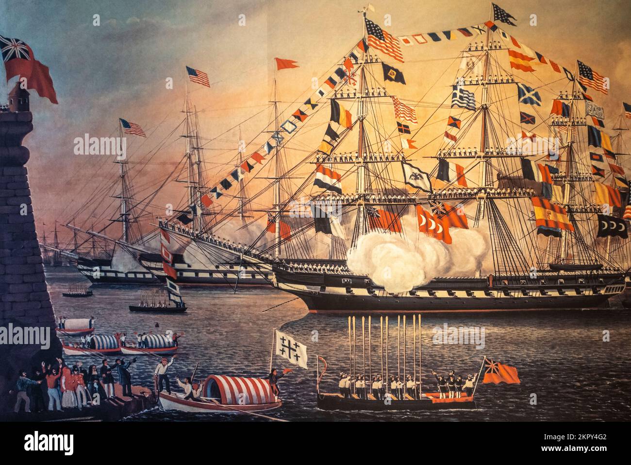 Dipingere il compleanno di Washington a Malta in USS Constitution Cmmodore Jesse D Elliot 1837 dipinto da James G Evans Foto Stock