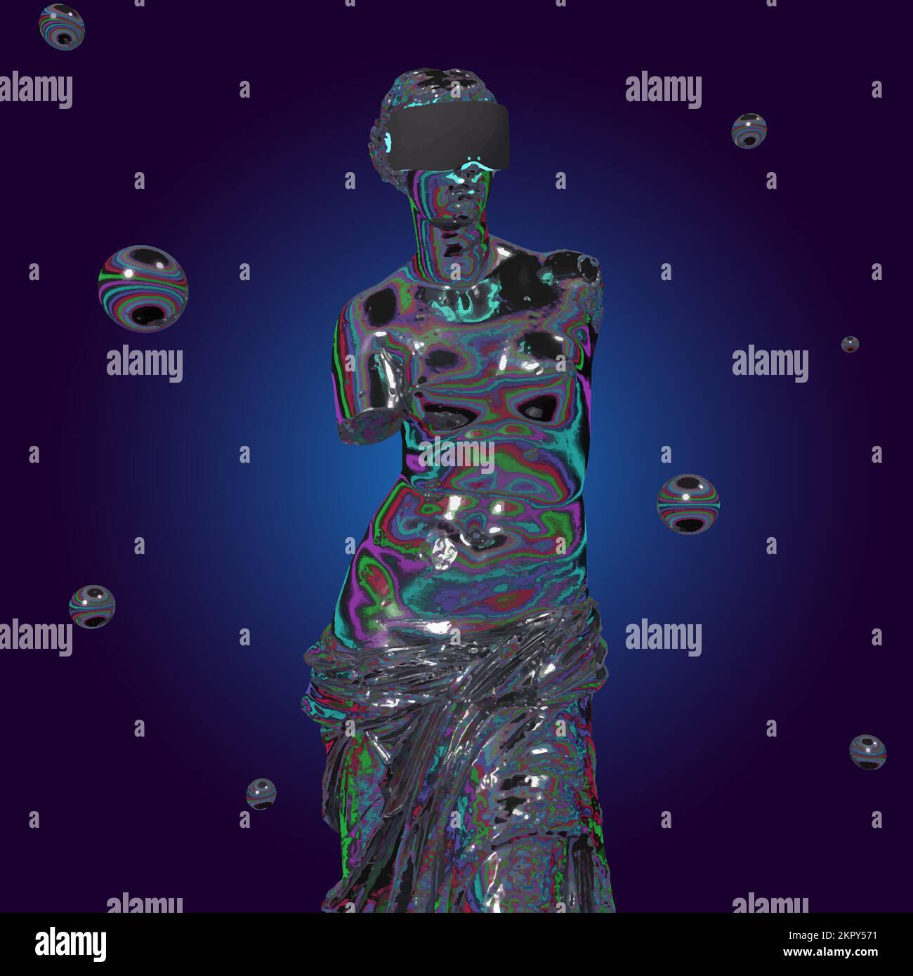 La Crypto Art dei token NFT non-fungibili. Statua di Venere con occhiali vr. 3D di NFT cripto arte concetto da collezione. EPS vettore 10 Illustrazione Vettoriale