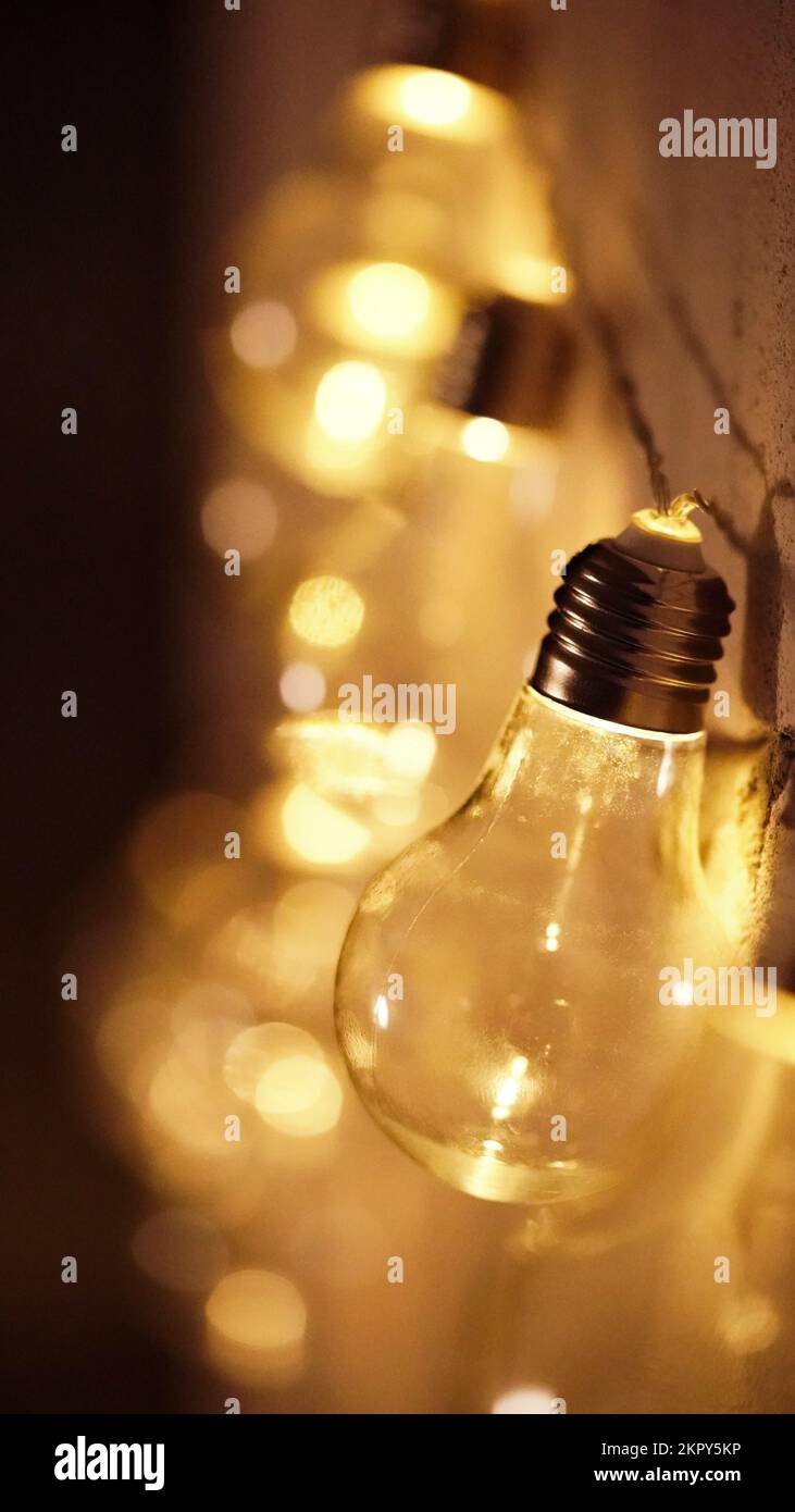 Lampadine gialle incandescenti, rappresentazione fotografica realistica dell'accensione di una lampadina al tungsteno. Lampade Edison negli interni. Un ghirland di luce bulbi. Copia Foto Stock