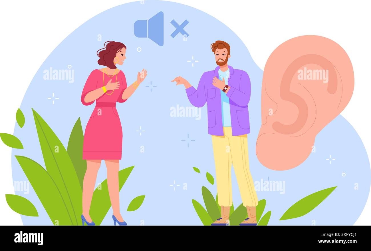 Comunicazione audio non udenti. Donna capisce la perdita dell'udito uomo, aiuto sentire l'orecchio alterato sordo-muto persone che imparano la lingua parlando persona silenziosa, immagine del vettore swanky della comunicazione per sordo Illustrazione Vettoriale