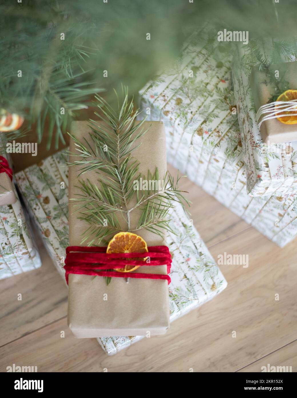 presente avvolto con ramo di pino e fetta d'arancia sotto l'albero Foto Stock