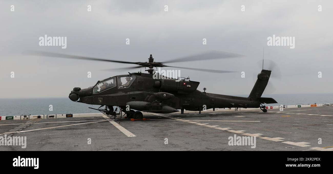 STATI UNITI L'elicottero AH-64E Apache dell'esercito conduce un ponte che atterra sulla USS Lewis B. Puller nel Golfo Persico, 10 novembre 2022. Due Stati Uniti L'esercito UH-60m Black Hawk elicotteri con 3-142 AHB, e due AH-64E Apache elicotteri con 1st Battaglione, 101st Aviation Regiment, Attack Helicopter Battaglione, attaccato al taxi 36th, condotto le qualifiche di atterraggio ponte per imparare le procedure operative degli Stati Uniti Navy. Il CAB 36th, mobilitato come Task Force Mustang, fornisce operazioni di aviazione a tutto spettro per la missione combinata Joint Task Force – Operation inerente Resolve per consigliare, assistere e abilitare pa Foto Stock