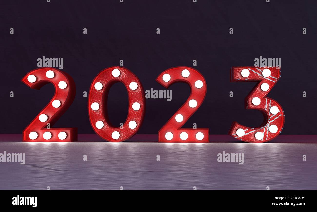 2023 rosso rosa arancione colore numero testo carattere luce inizio calendario simbolo decorazione allegro natale felice anno nuovo 2022 fine tempo inverno se Foto Stock