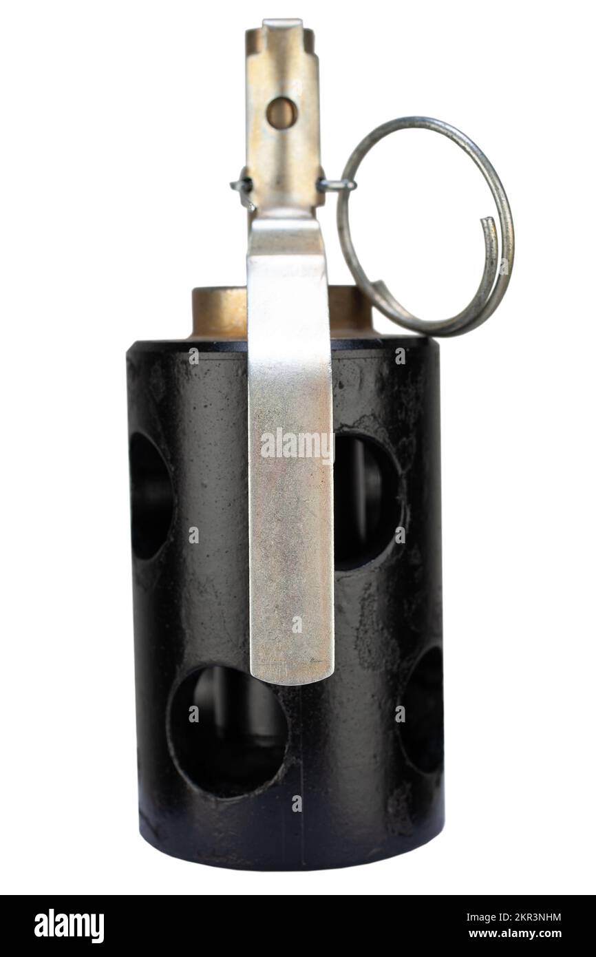 flashbang (stun) granata non letale per la polizia di sommosse isolato su bianco Foto Stock