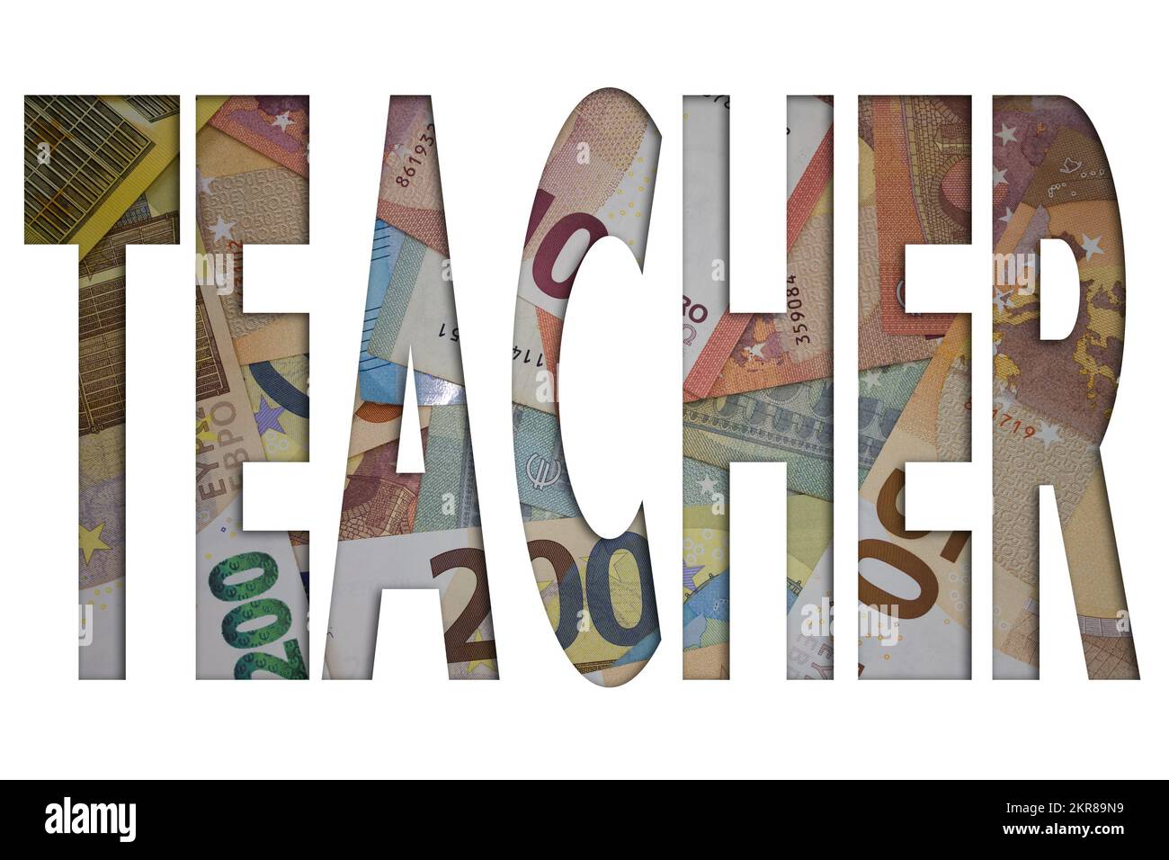 Parola dell'insegnante con soldi. Sfondo di valuta cartacea con banconote diverse. Foto Stock
