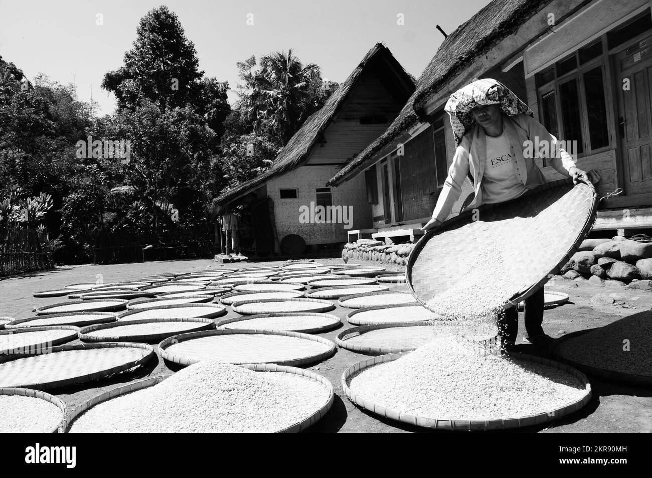 Una madre sta asciugando il riso in uno dei villaggi di Tasikmalaya - Giava Occidentale, conosciuto come Kampung Naga. Foto Stock