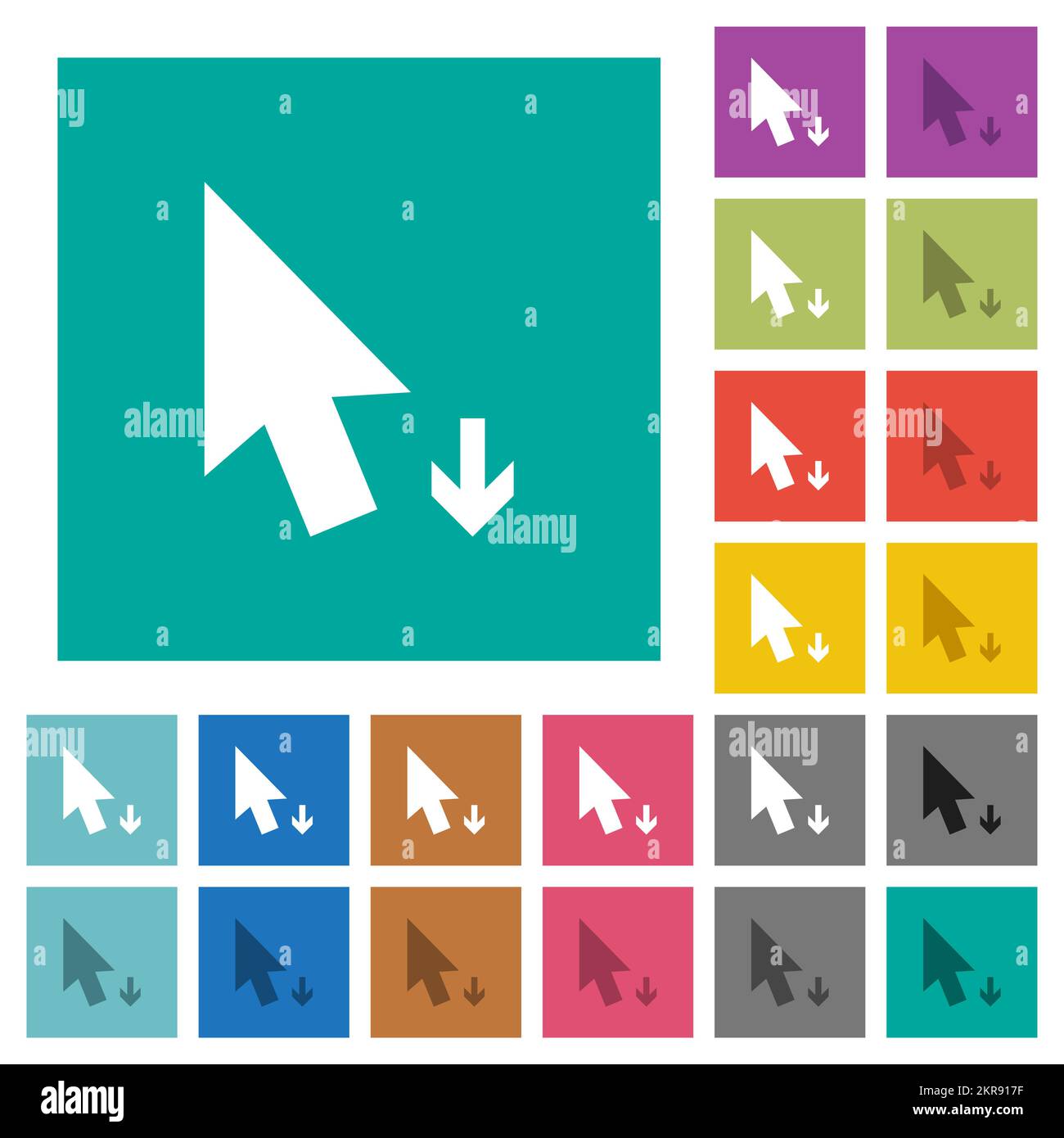 Cursore freccia giù icone piatte multicolore piene su sfondi quadrati semplici. Sono state incluse le variazioni delle icone bianche e scure per gli effetti attivi o al passaggio del mouse. Illustrazione Vettoriale