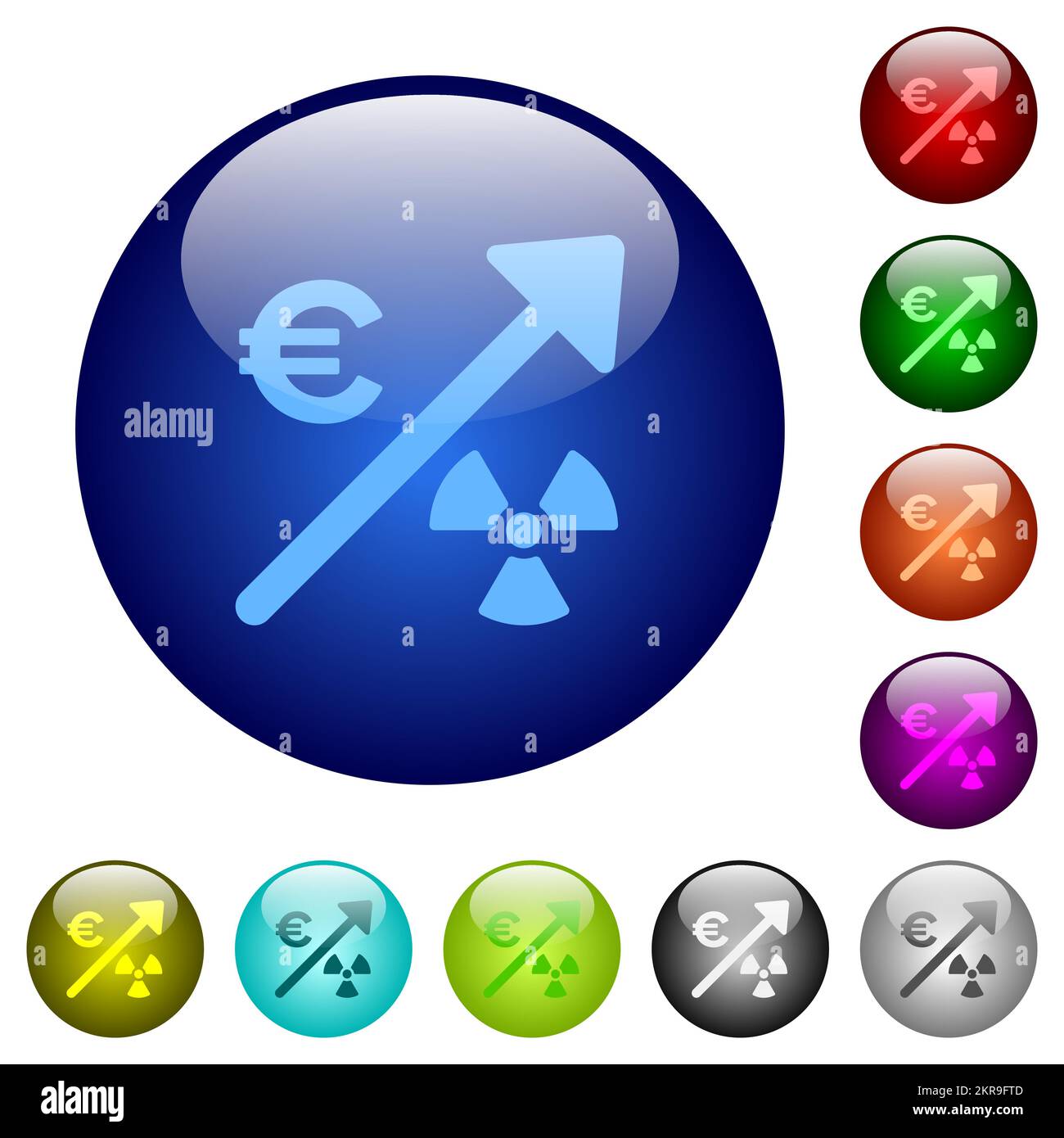 Aumento dell'energia nucleare europea i prezzi delle icone sui pulsanti rotondi di vetro in più colori. Struttura di livello disposta Illustrazione Vettoriale