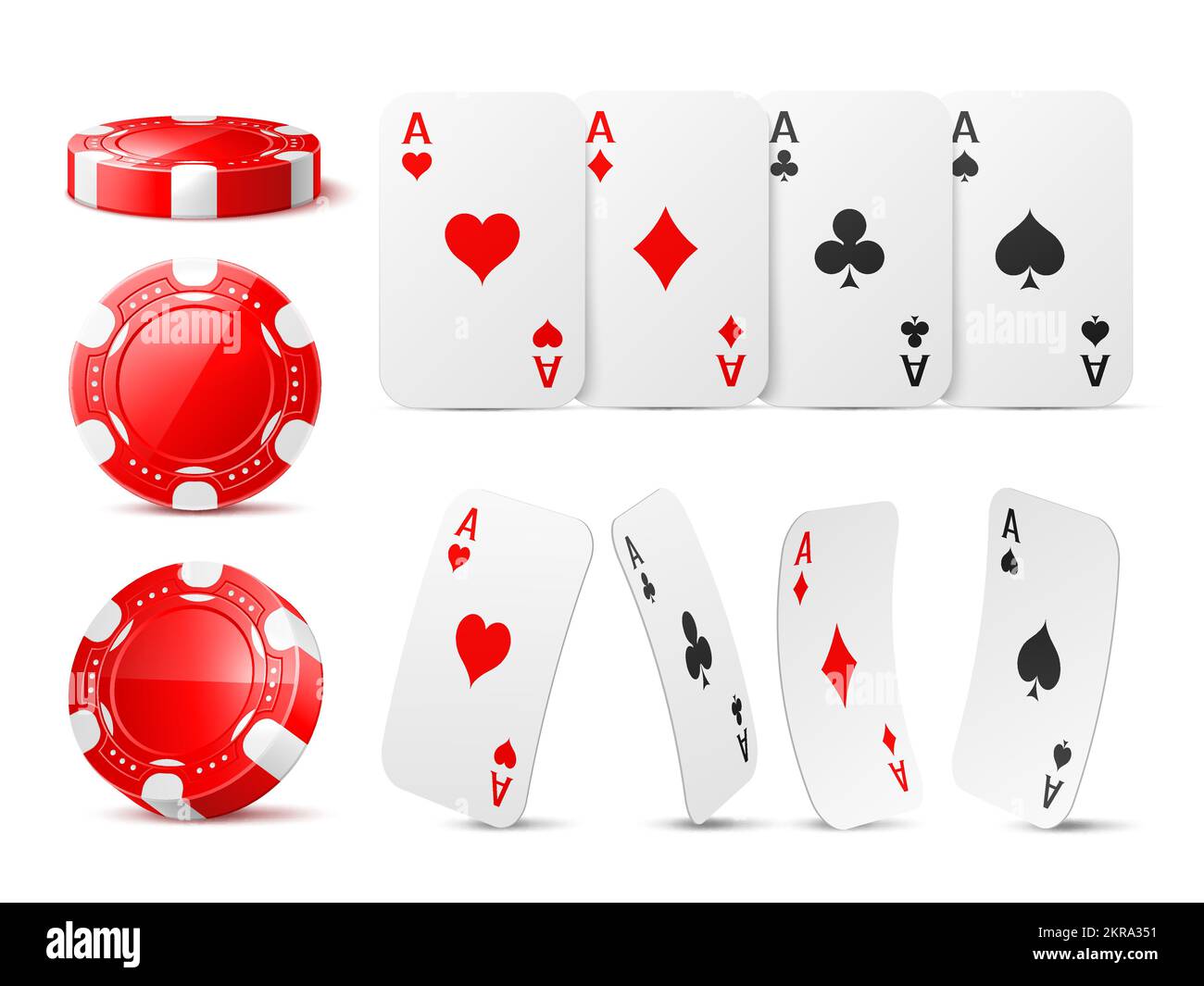Chip e assi realistici del casinò. Gettoni di gioco rossi e carte da gioco, tute diverse, angolo di visione vario, gioco d'azzardo di poker, cuori di assi e picche Illustrazione Vettoriale