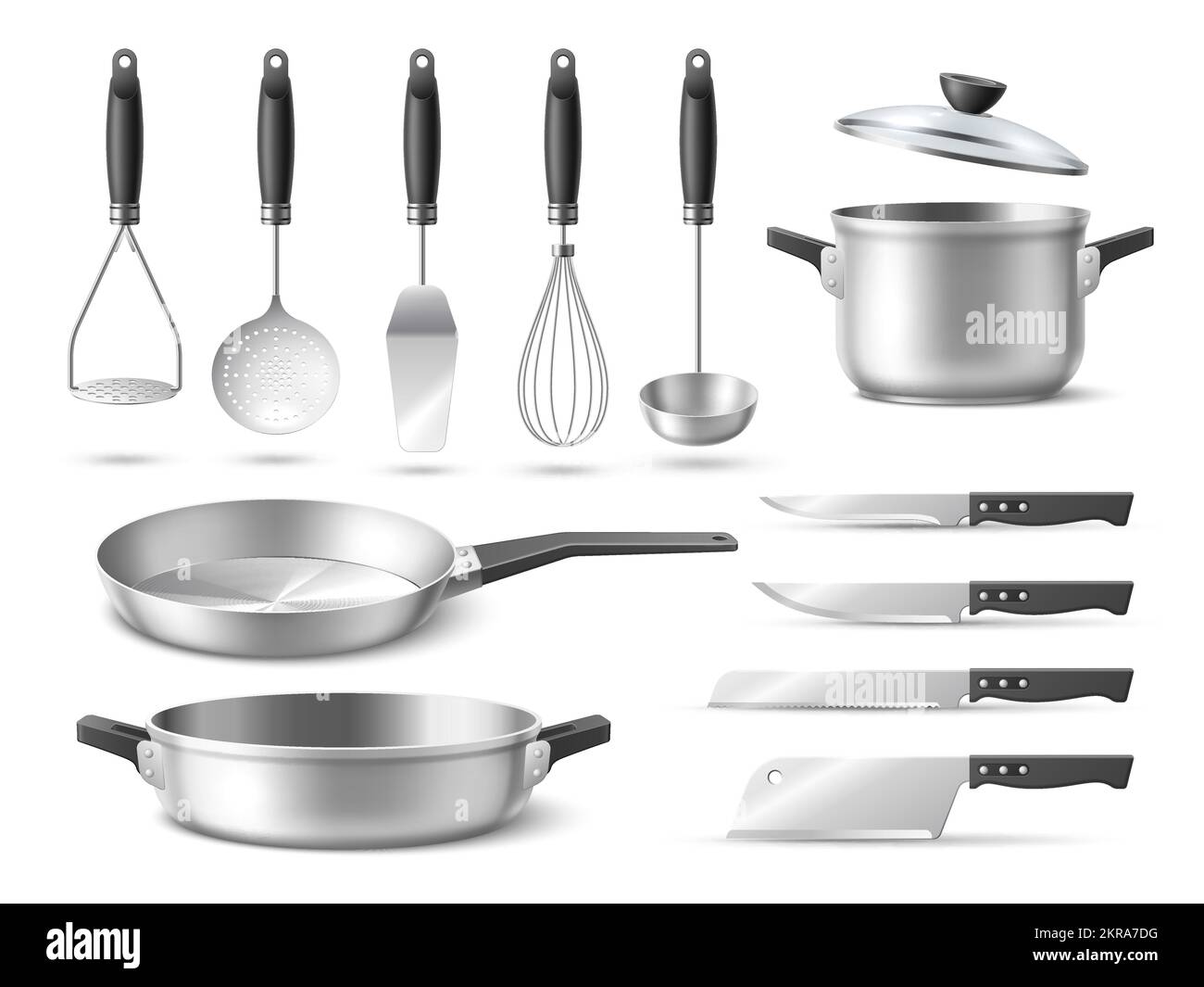 Utensile realistico. utensili da cucina in metallo, utensili da cucina, pentole e padelle con coperchi, accessori da cucina in acciaio inox, diversi coltelli, skimmer e. Illustrazione Vettoriale