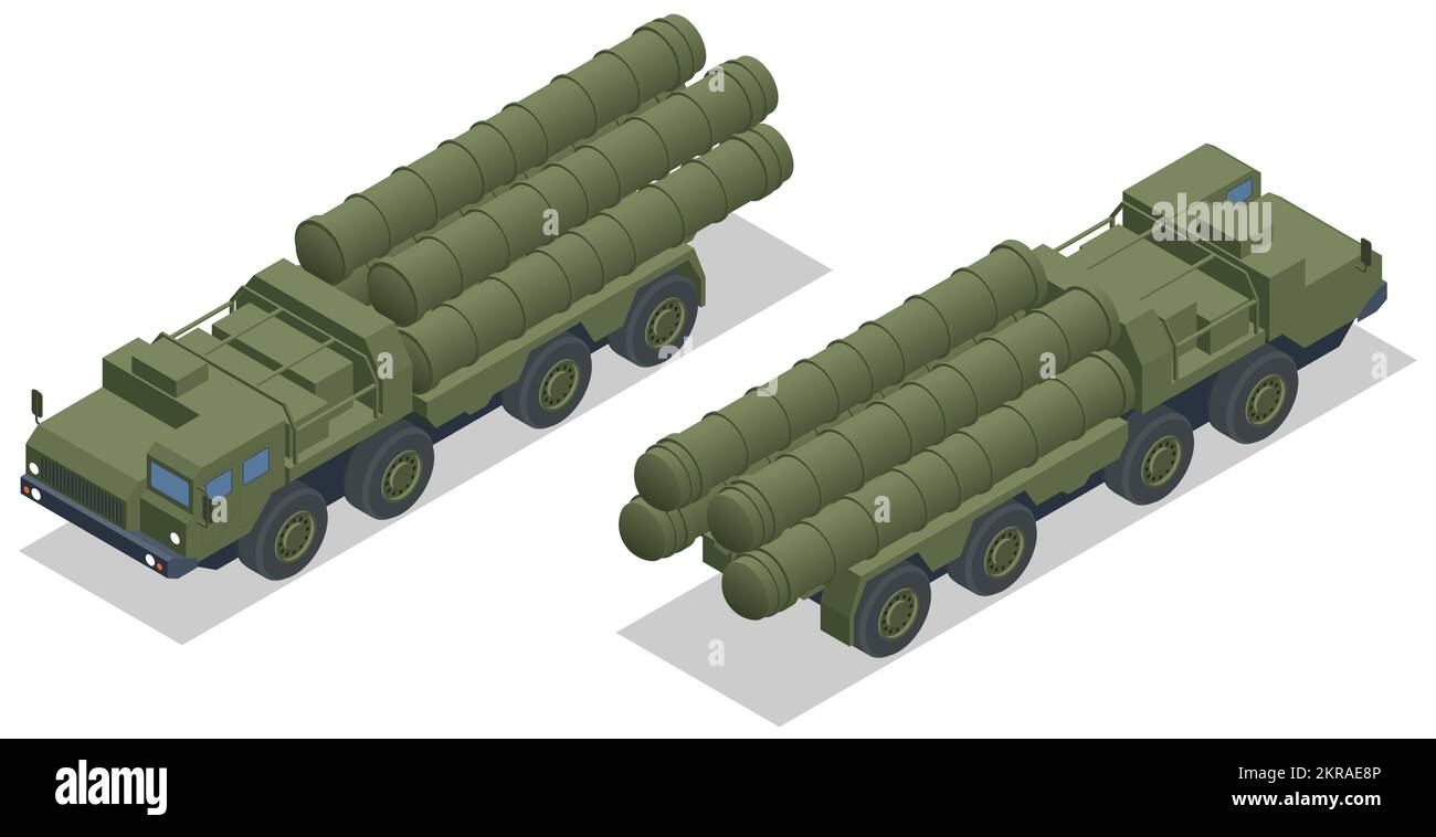 Sistema missilistico isometrico S-300, S-400. Sistema missilistico a lungo raggio superficie-aria e anti-balistico. Veicolo militare Illustrazione Vettoriale