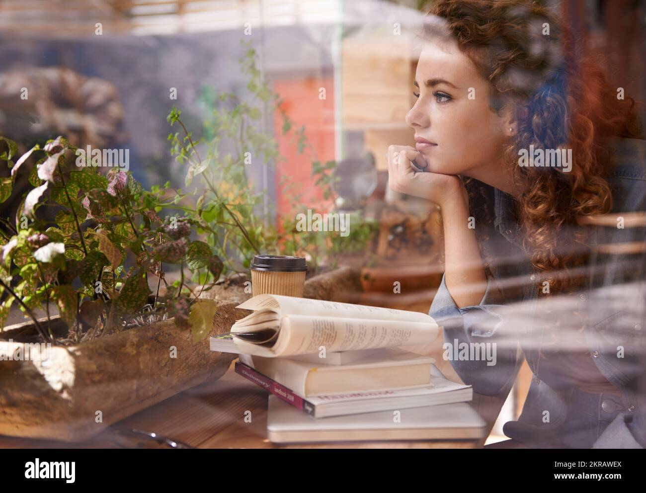 Comodo nel suo posto preferito vicino alla finestra. Una giovane donna attraente seduta con i suoi libri in una caffetteria. Foto Stock