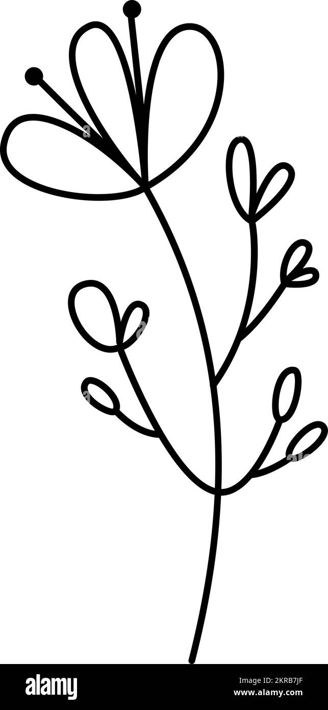 Primavera Vector fiore stilizzato e foglie con linee monoline. Elemento grafico dell'illustrazione scandinavo. Immagine floreale decorativa estiva per un saluto Illustrazione Vettoriale