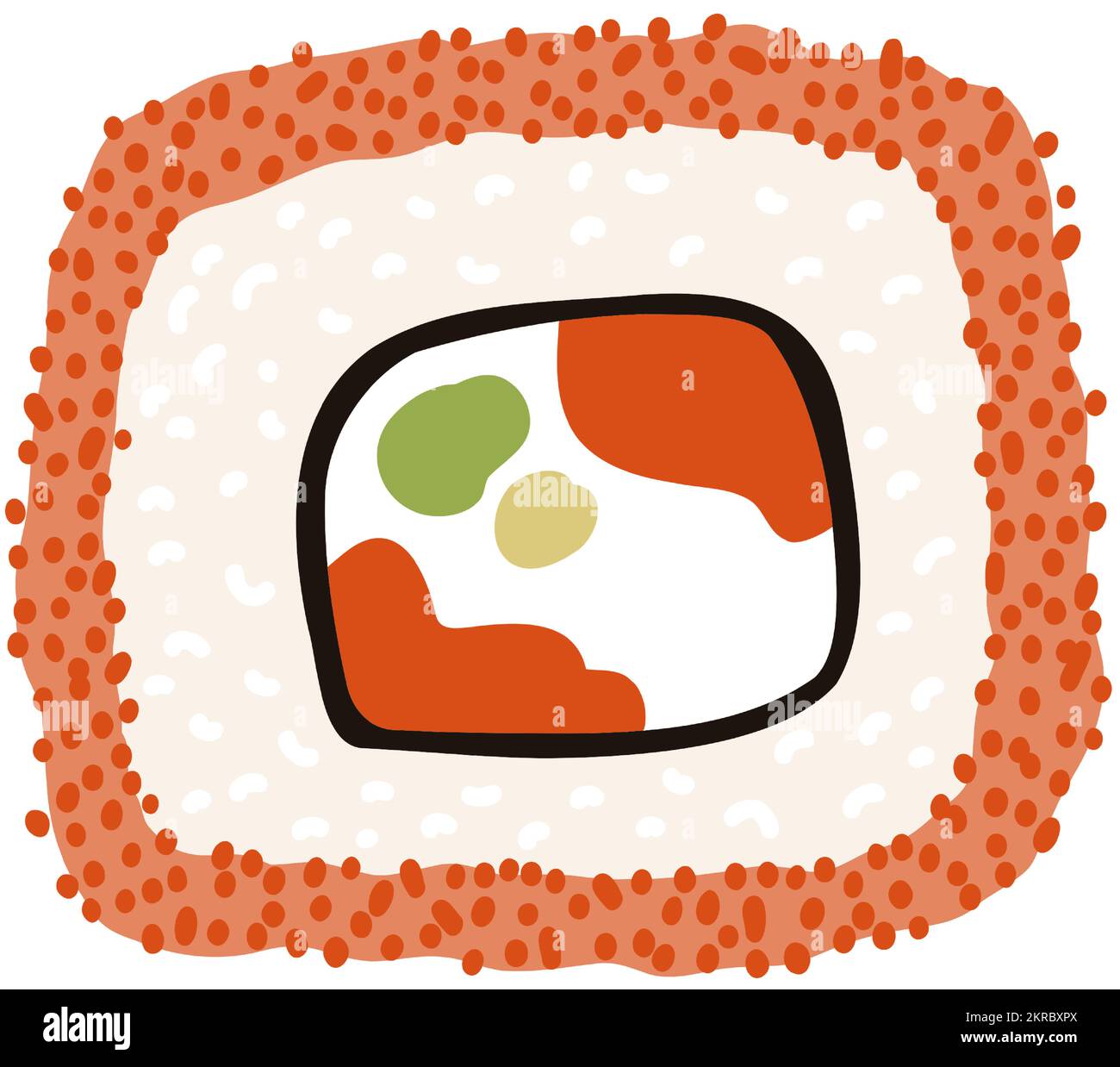 Sushi uramaki in cartoon stile piatto. Cucina tradizionale giapponese disegnata a mano. Illustrazione Vettoriale