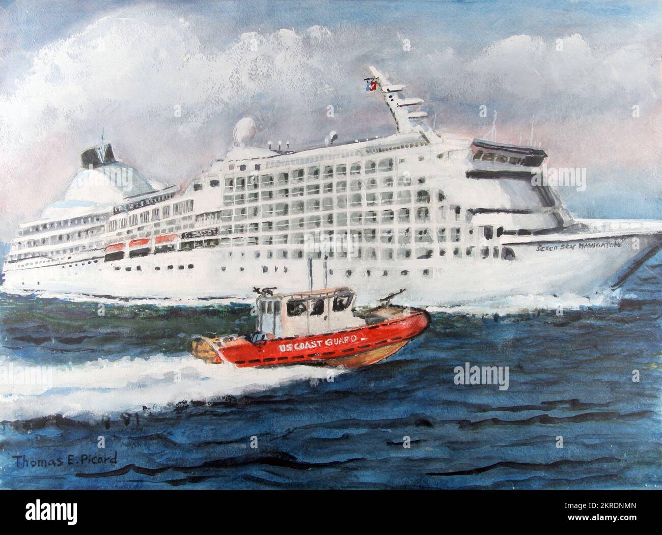 Come parte della sua missione di sicurezza in patria, la Guardia Costiera scorterà periodicamente navi da crociera dentro e fuori dai porti, proteggendole da potenziali attacchi terroristici. US Coast Guard Art Program 2008 Collection, OB ID # 200818, 'Coast Guard Protecting Cruise Ship', Thomas Picard, acquerello e acrilico, 18 x 24 Foto Stock