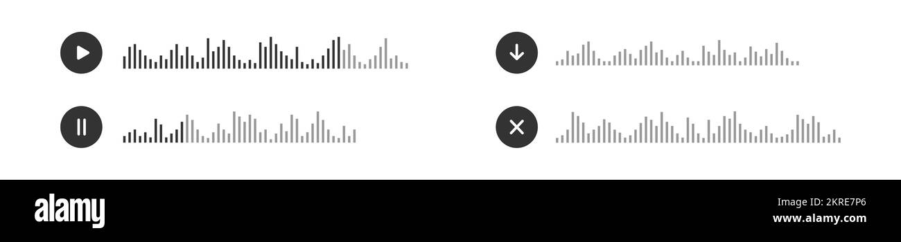 Elementi per chat audio o messaggistica mobile con pulsanti di riproduzione, pausa, download e onde vocali isolati su sfondo bianco. Icone dei file audio. Pittogrammi Voicemail. Illustrazione grafica vettoriale Illustrazione Vettoriale Elementi per chat audio o messaggistica mobile con pulsanti di riproduzione, pausa, download e onde vocali isolati su sfondo bianco. Icone dei file audio. Pittogrammi Voicemail. Illustrazione grafica vettoriale Illustrazione Vettoriale
