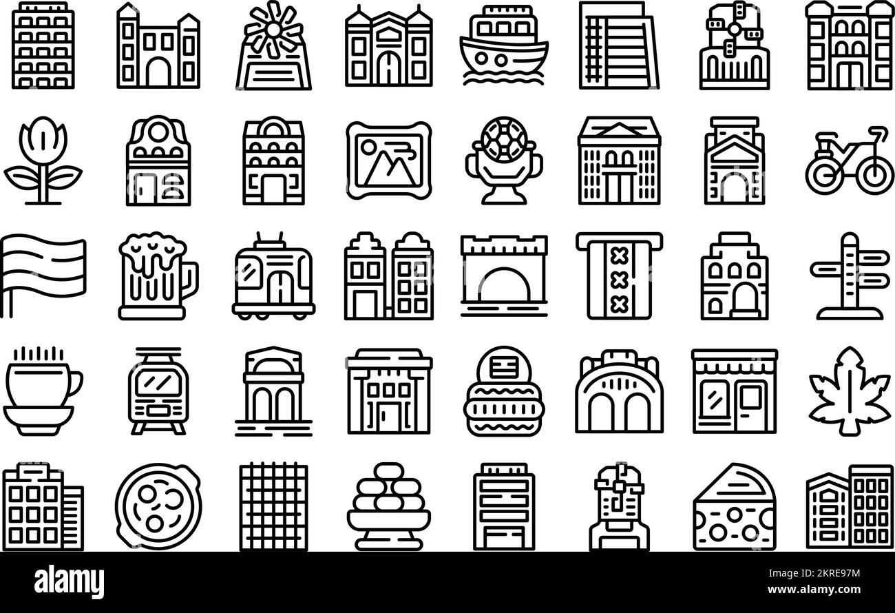 Le icone di Amsterdam impostano il vettore di contorno. Casa d'Europa. Architettura della facciata Illustrazione Vettoriale