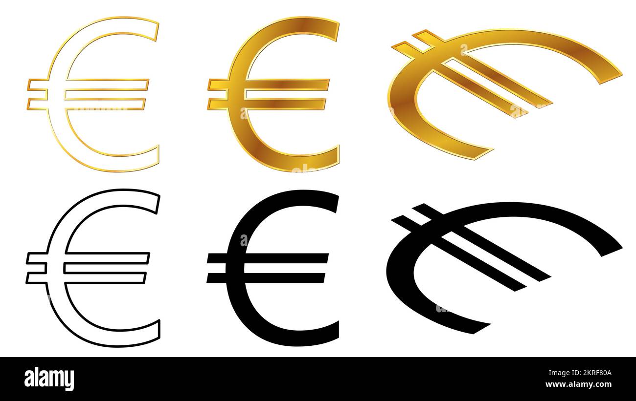 Unione europea euro euro moneta segnali dorati, silhouette e profilo isometrico vista superiore e frontale isolato su sfondo bianco. Valuta da parte dell'Europ Illustrazione Vettoriale