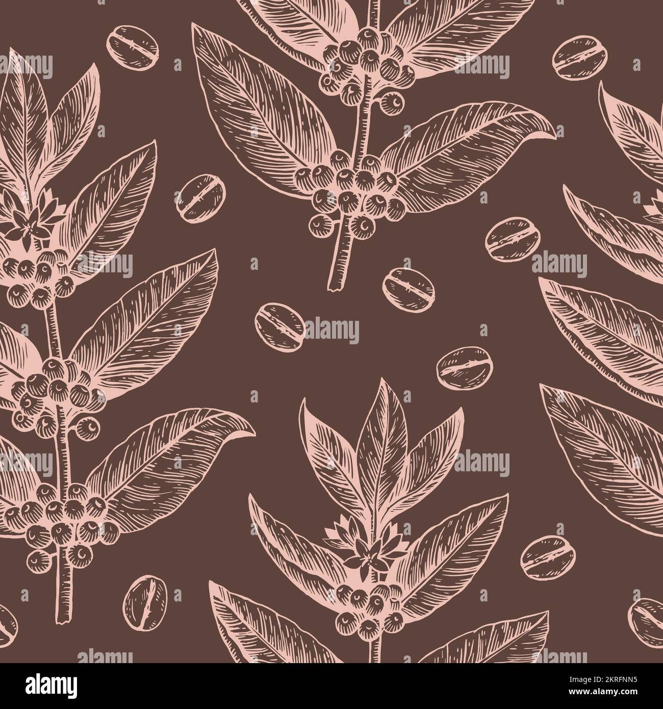 Rami di caffè e fagioli. Motivo senza cuciture in stile vintage. Disegno vettoriale Illustrazione Vettoriale