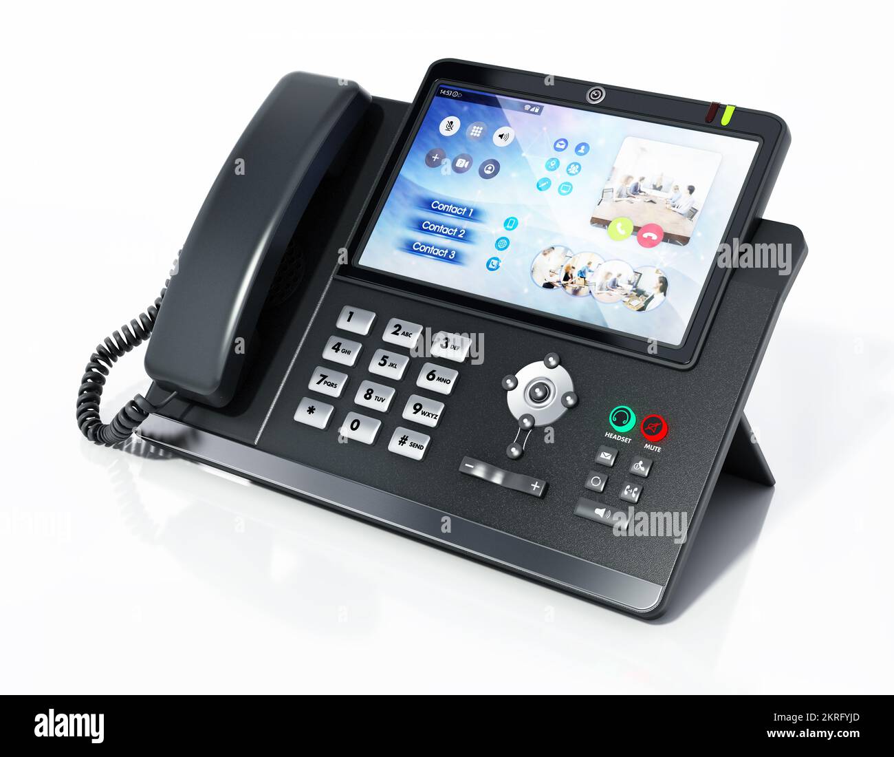 Moderno telefono VoIP o Voice over IP con schermo LED isolato su sfondo bianco. Illustrazione 3D. Foto Stock
