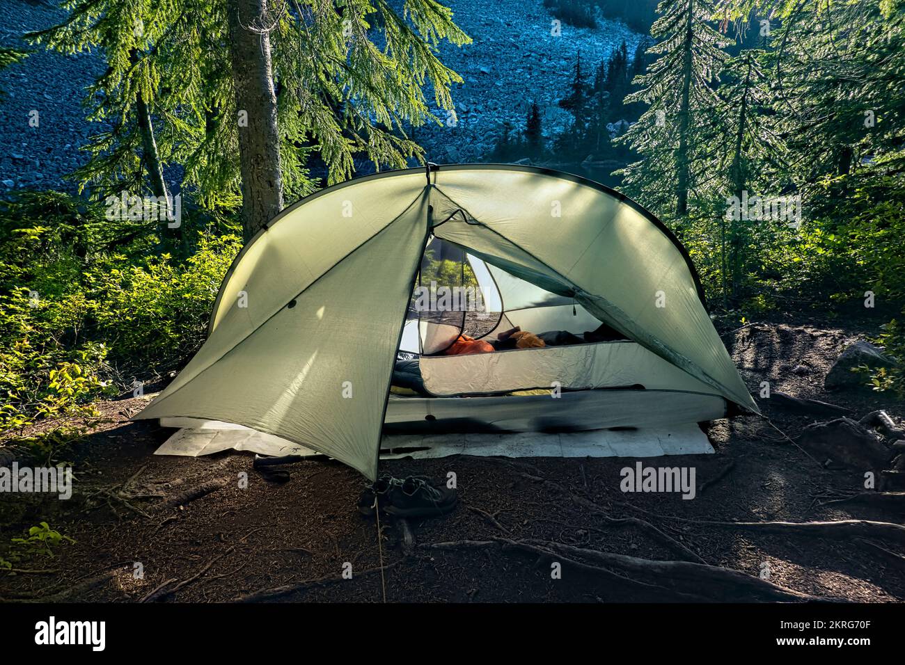Campeggio sul Pacific Crest Trail, North Cascades National Park, Washington, USA Foto Stock